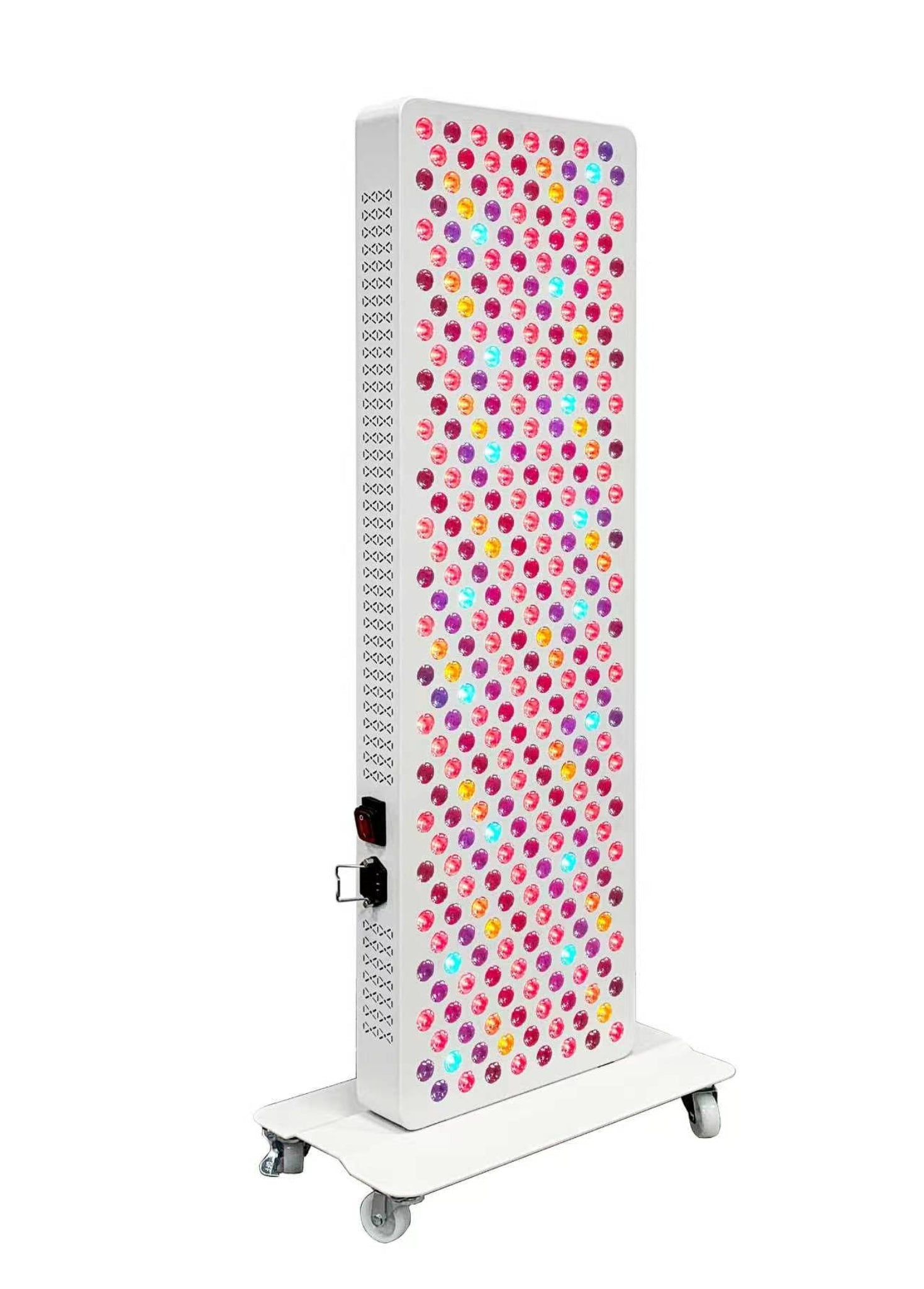 Tall, colorful LED light panel on wheels with a white background