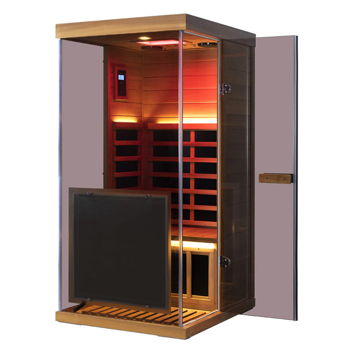 Wizzisaunas 909MX mini infrared sauna – angle view with door open