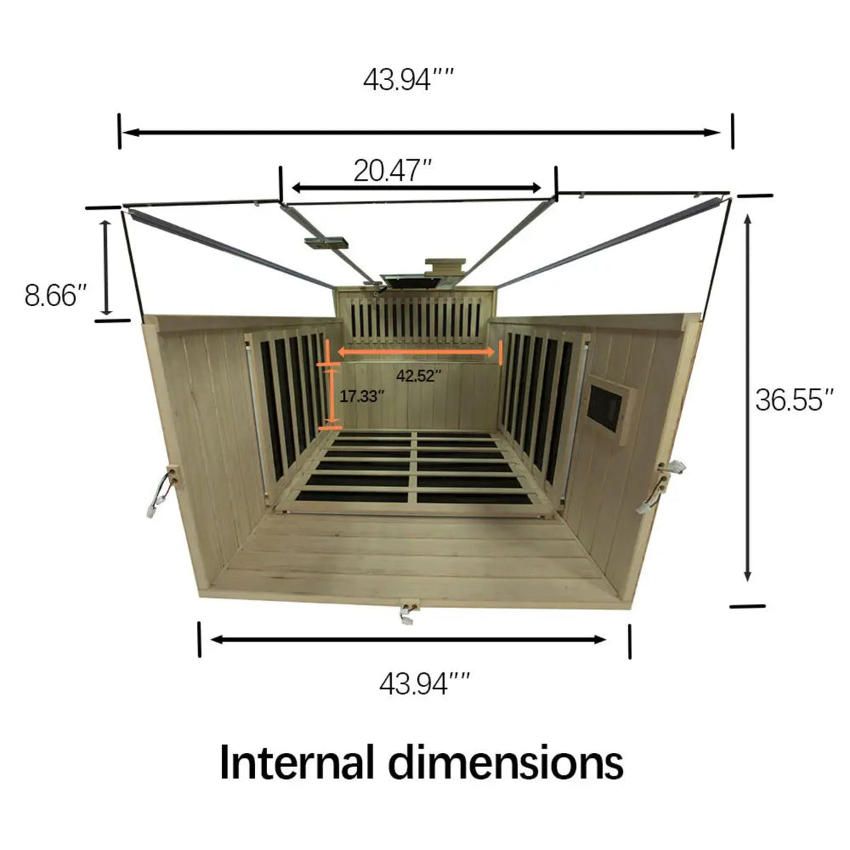 Internal dimensions of the 2-person infrared sauna hemlock | Wizzisaunas SH02, showcasing measurements and layout.