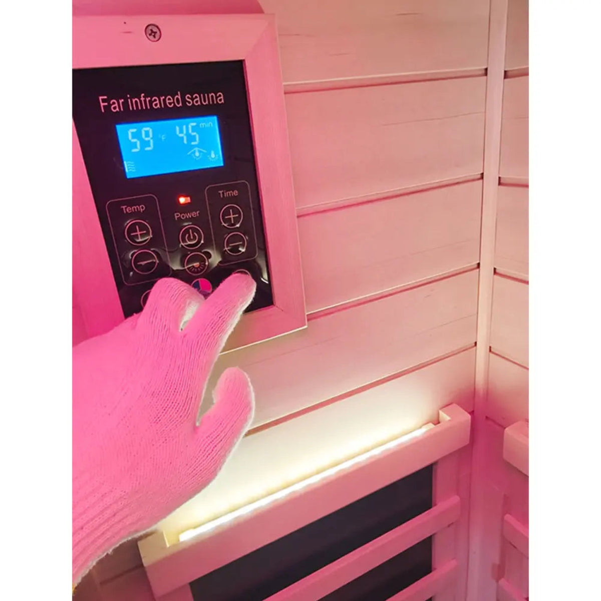 Wizzisaunas 909MX mini infrared sauna showing control box