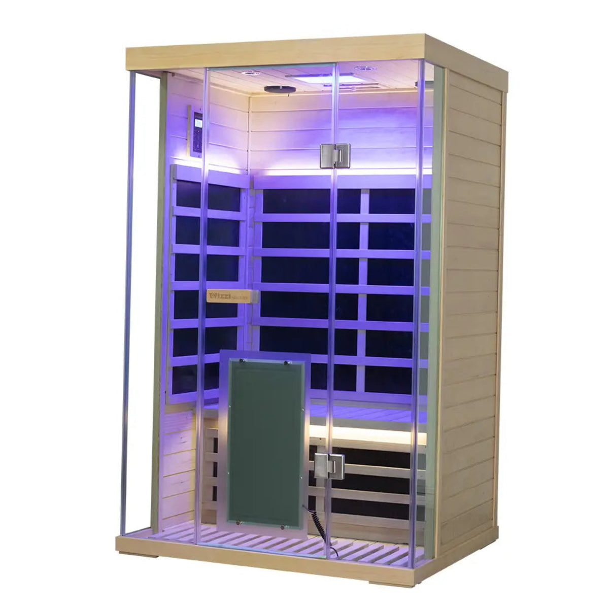 2-person infrared sauna hemlock by Wizzisaunas SH02 with full-spectrum infrared and calming lighting.