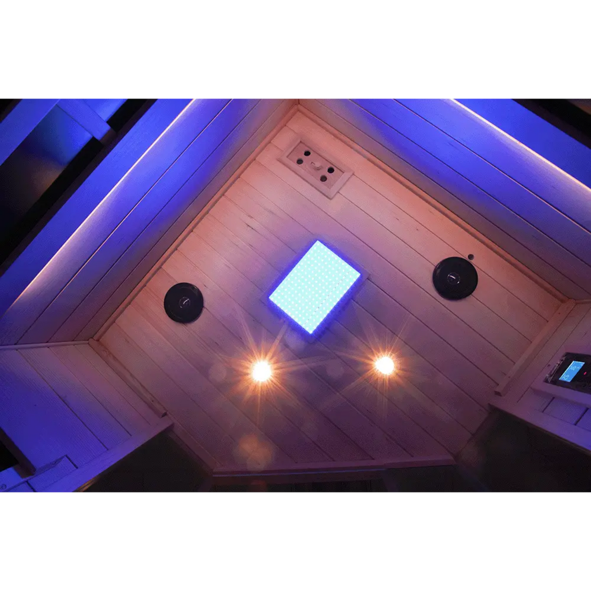 Wizzisaunas S07 Red Cedar infrared sauna – ceiling view blue lights
