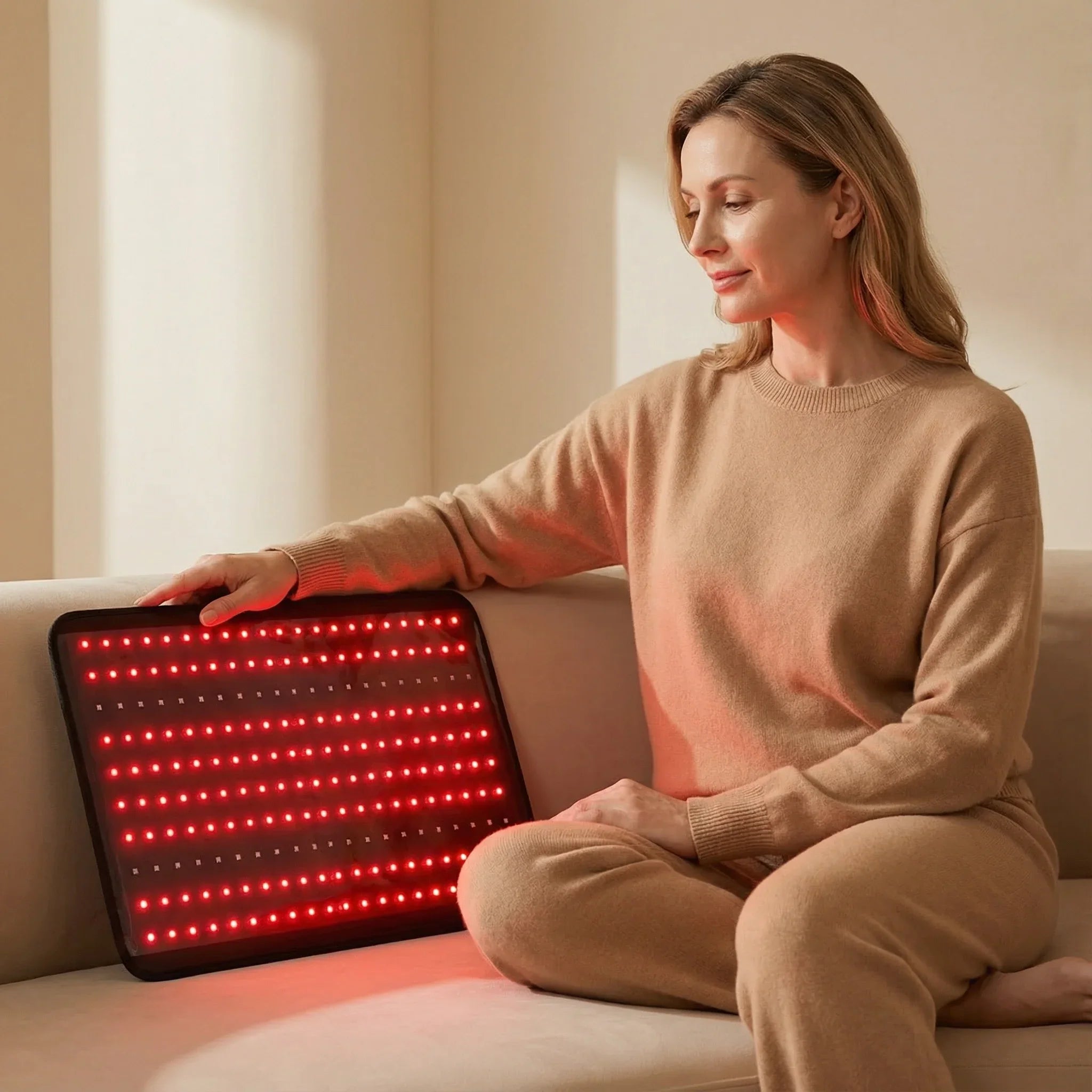 Woman sitting on a couch holding a red light therapy pad.