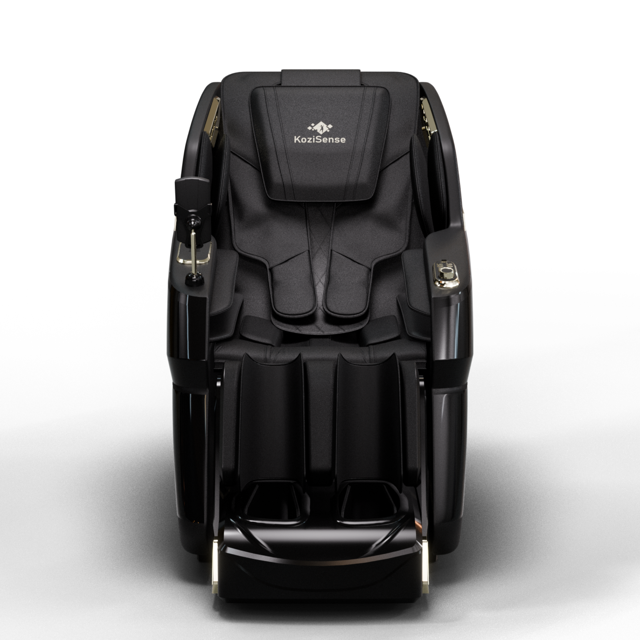 "KoziSense KZ605 4D luxury massage chair in black with SL-track, zero gravity recline, and LED ambient lighting."