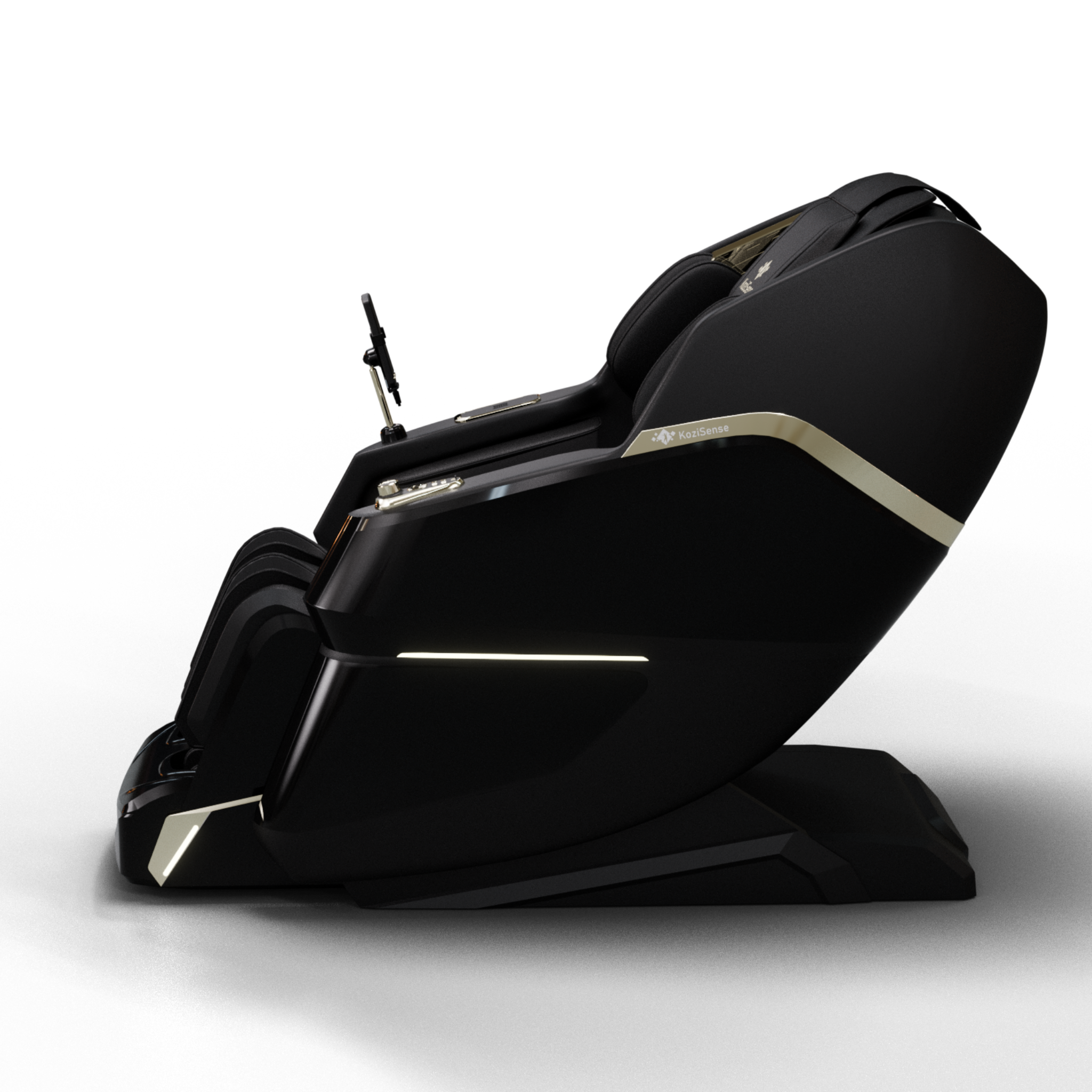 "KoziSense KZ605 4D luxury massage chair in black with SL-track, zero gravity recline, and LED ambient lighting."
