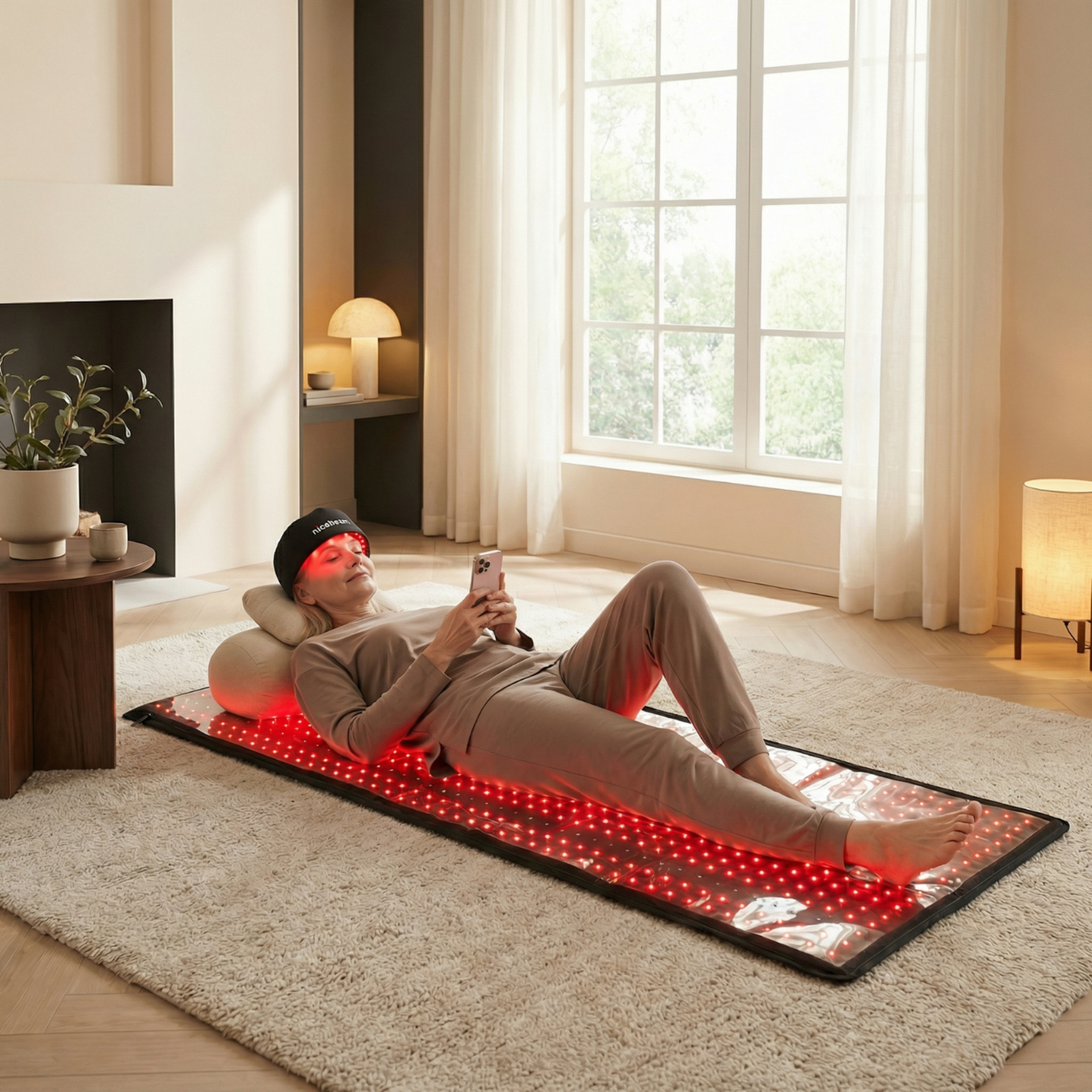 Nicebeam Red Light Therapy Bundle | Full Body Mat + Hat, Mask, Lamp or Bag in a serene home setting.
