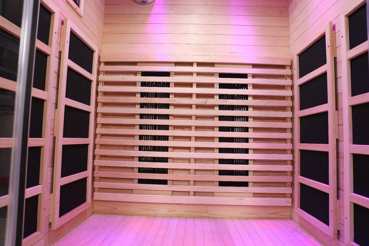 Interior of Blisspod Full Spectrum Infrared Sauna showcasing heater layout and wooden design.