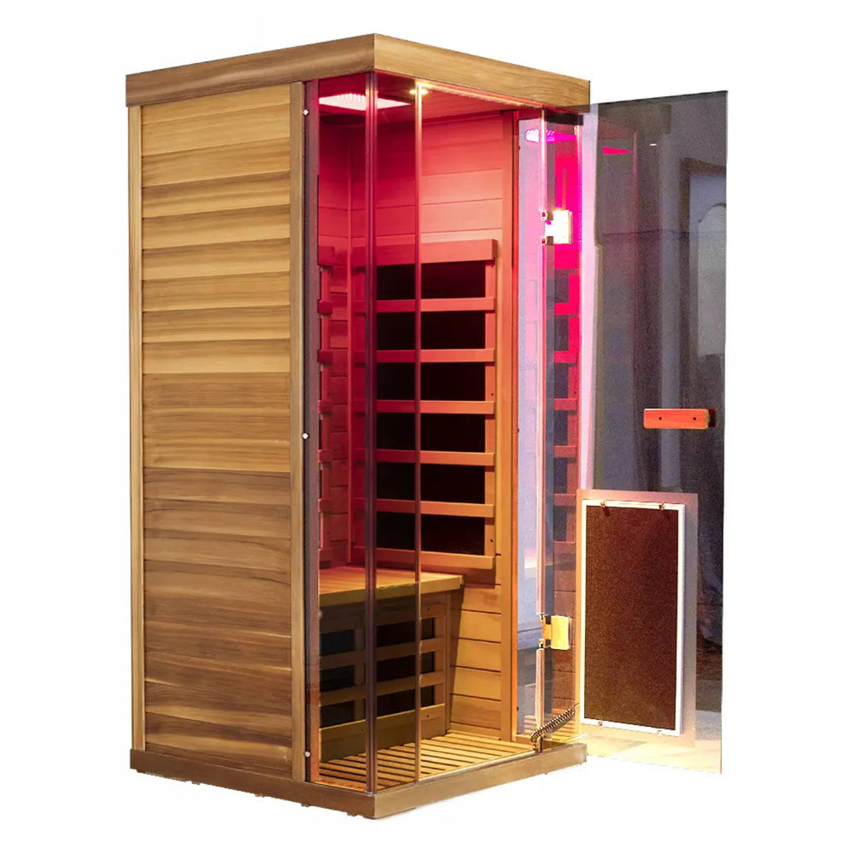 1-person infrared sauna red cedar with glass door and interior lights from Wizzisaunas SR01