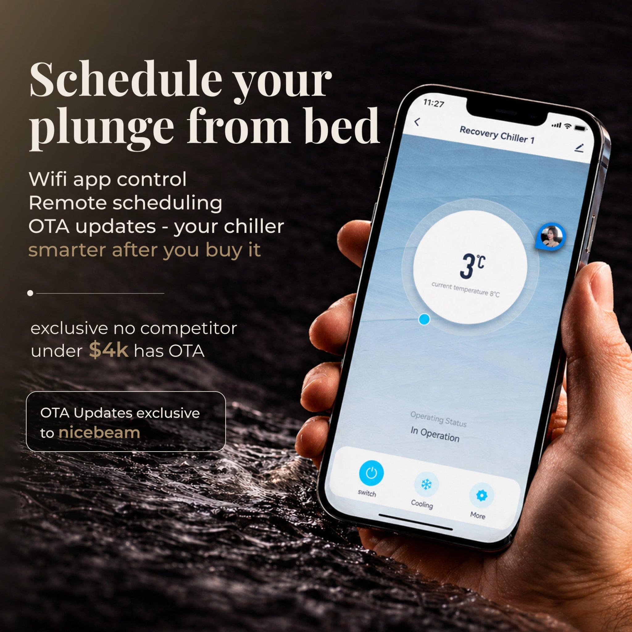 Hand holding a smartphone with a chiller app interface, displaying temperature control features.