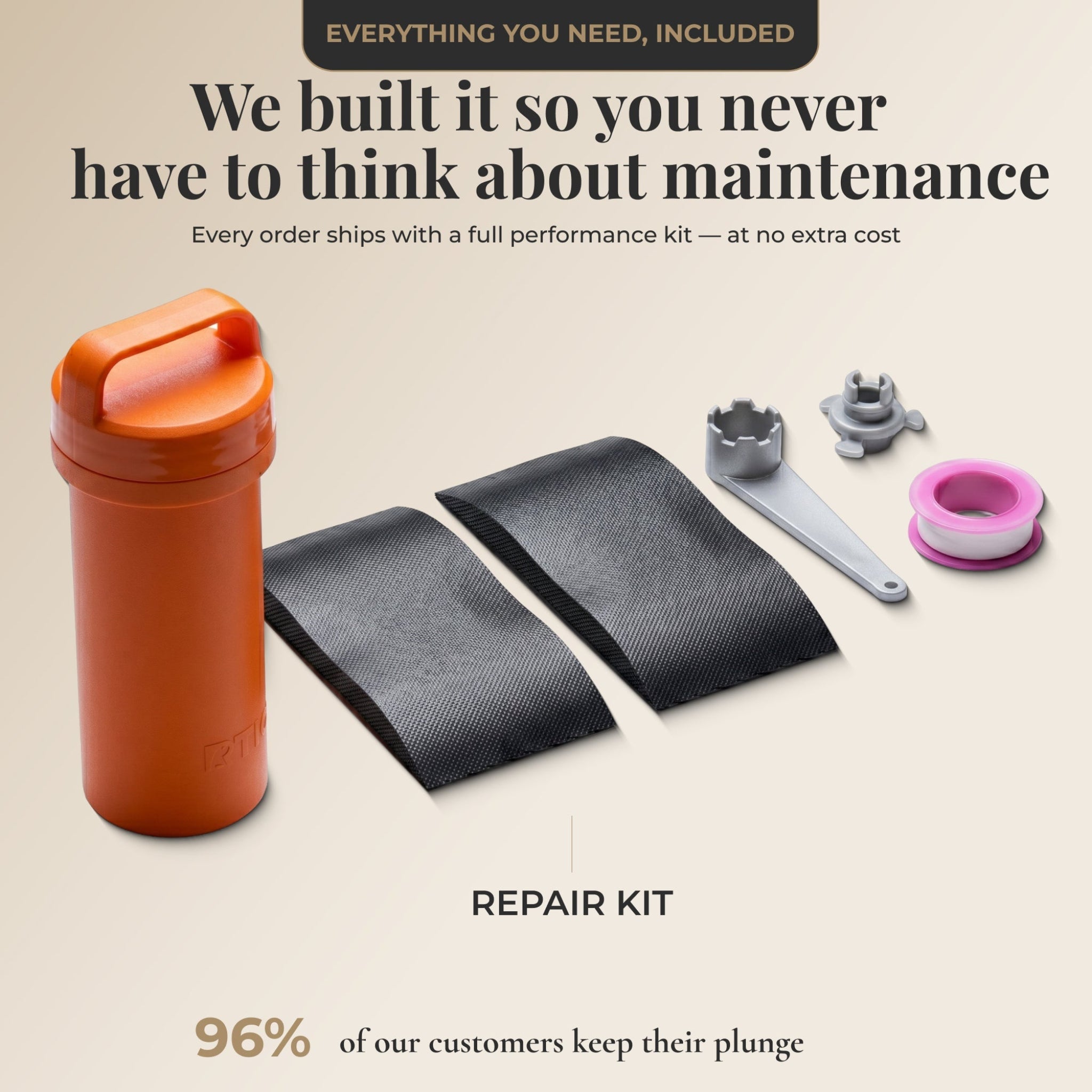 Repair kit with an orange container, black straps, and tools on a beige background.