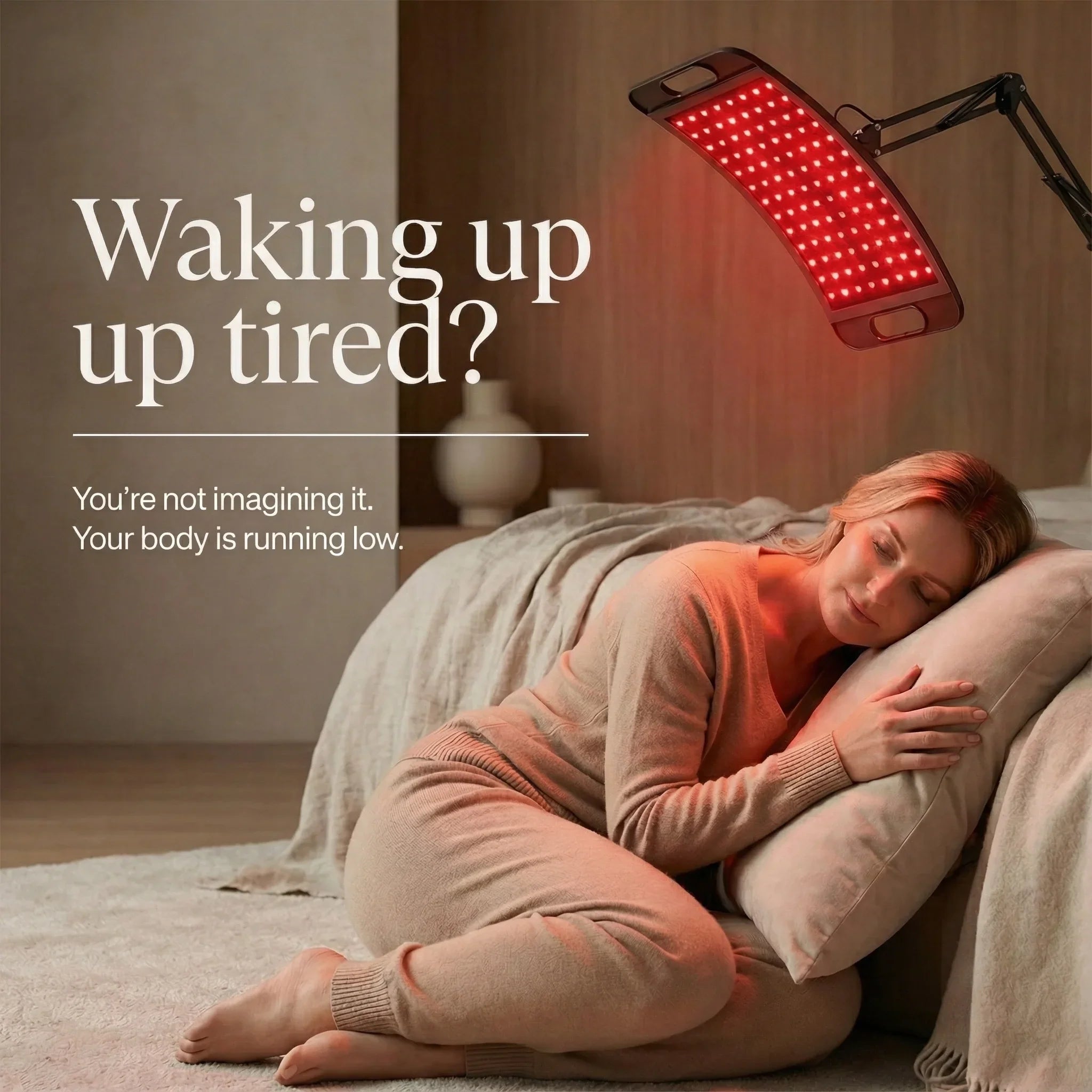 Woman lying on a bed with a red light therapy device above her, text about feeling tired.