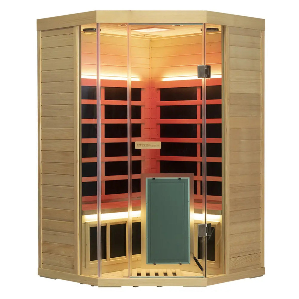 Wizzisaunas SH07 corner infrared sauna for 2-3 people, featuring hemlock wood and full-spectrum heating panels.