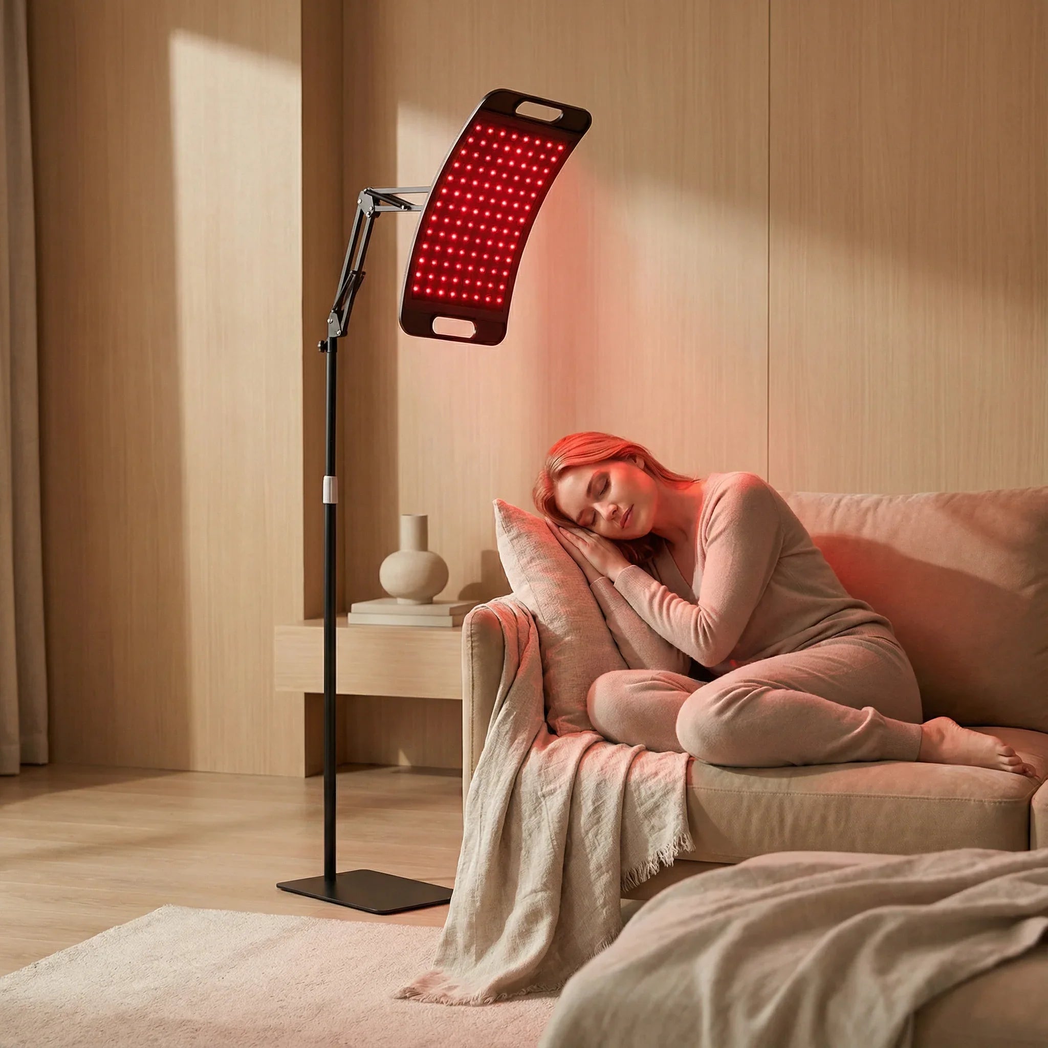Woman lying on a couch with a Nicebeam red light therapy device above her