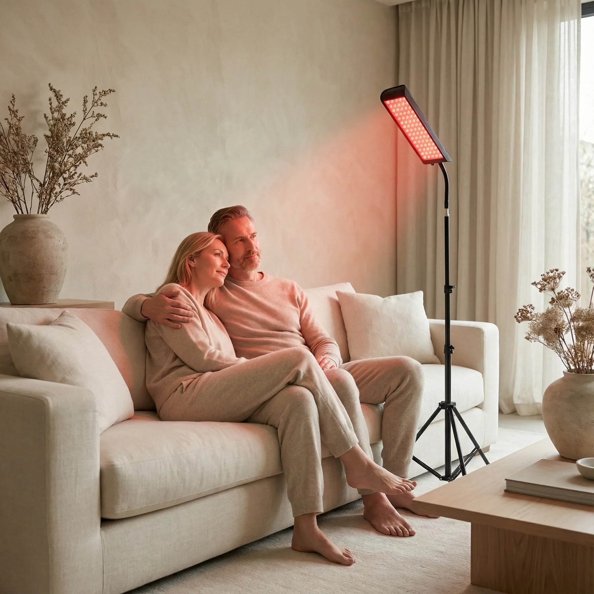 Couple sitting on a couch in a living room using Nicebeam red light therapy lamp.