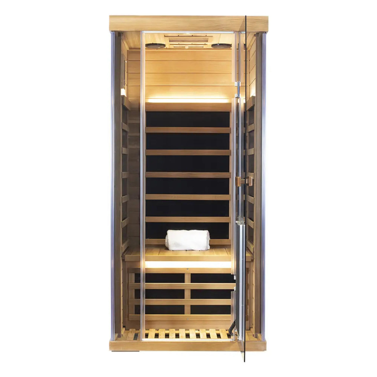 Wizzisaunas SR01 1-person infrared sauna red cedar with glass door and interior bench.