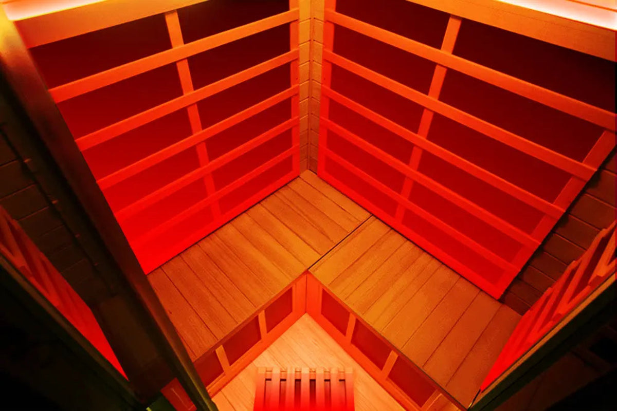 Wizzisaunas S07 Red Cedar infrared sauna –red lights interior view