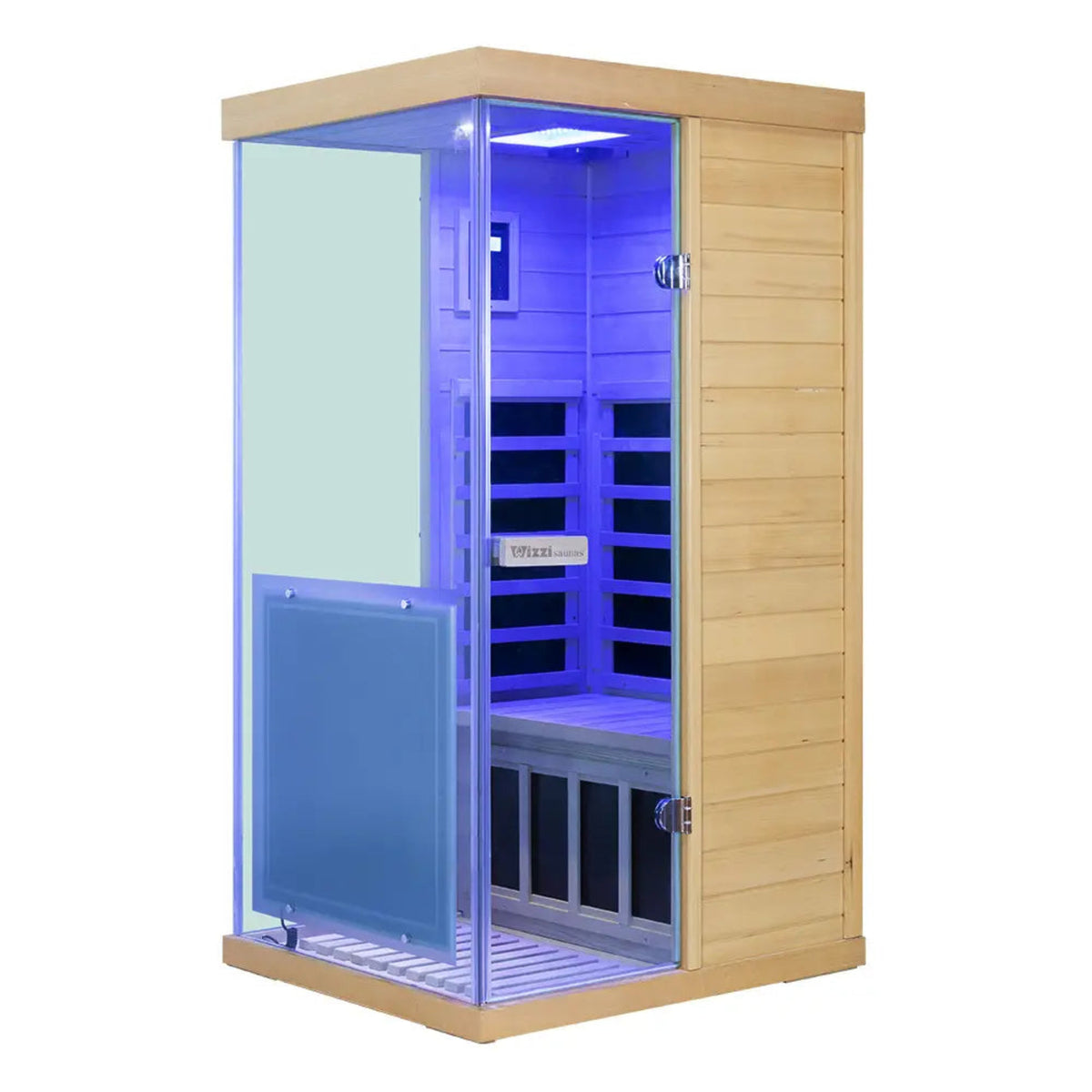 Wizzisaunas 909MX mini infrared sauna glowing light showing side view