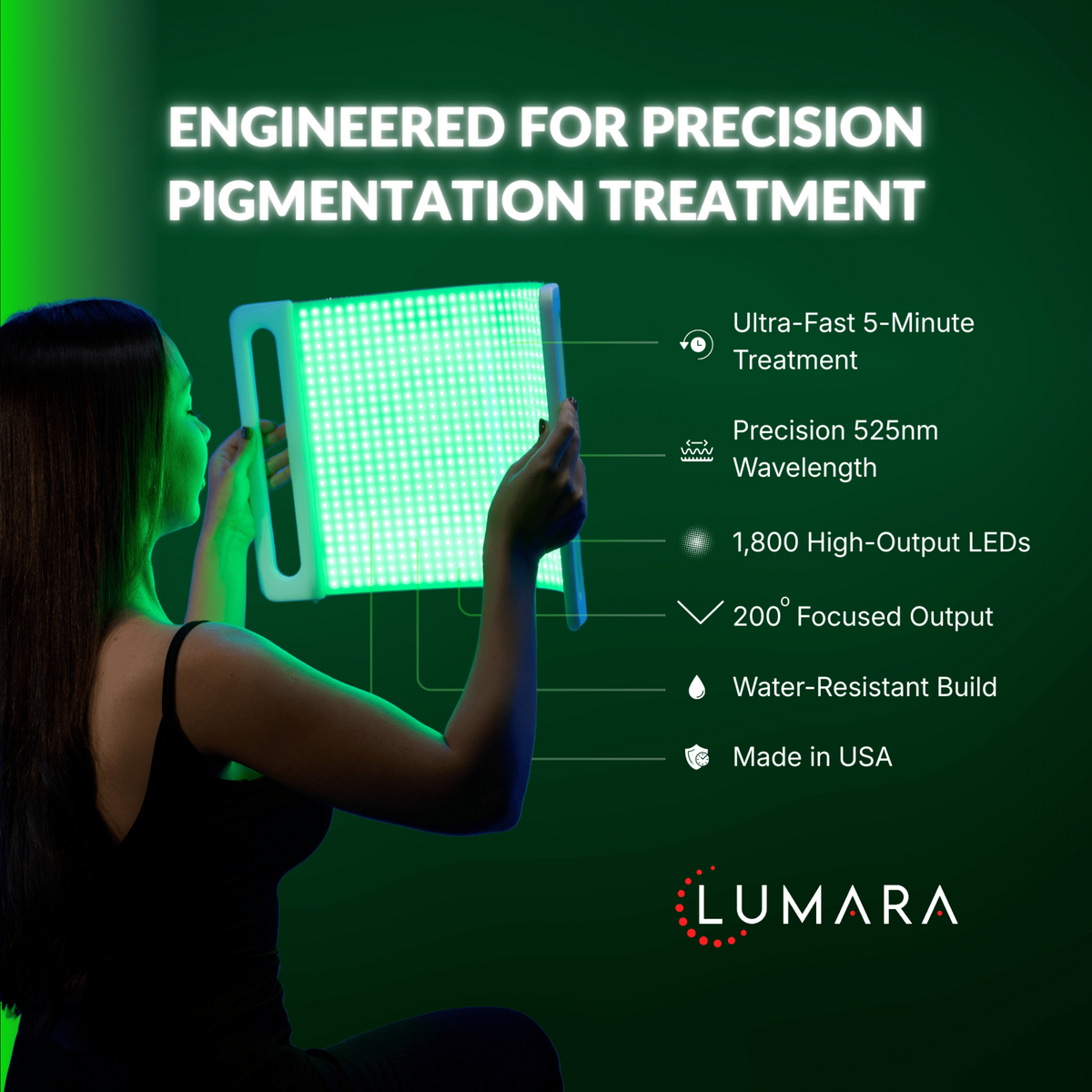 Illuminate Green LED panel for fast, precision pigmentation treatment with 525nm wavelength, water-resistant design.