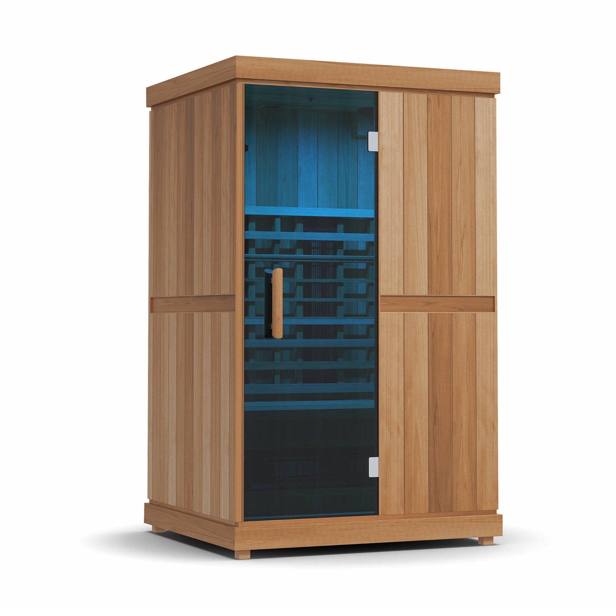 Finnmark FD-2 infrared sauna with blue chromotherapy lighting exterior