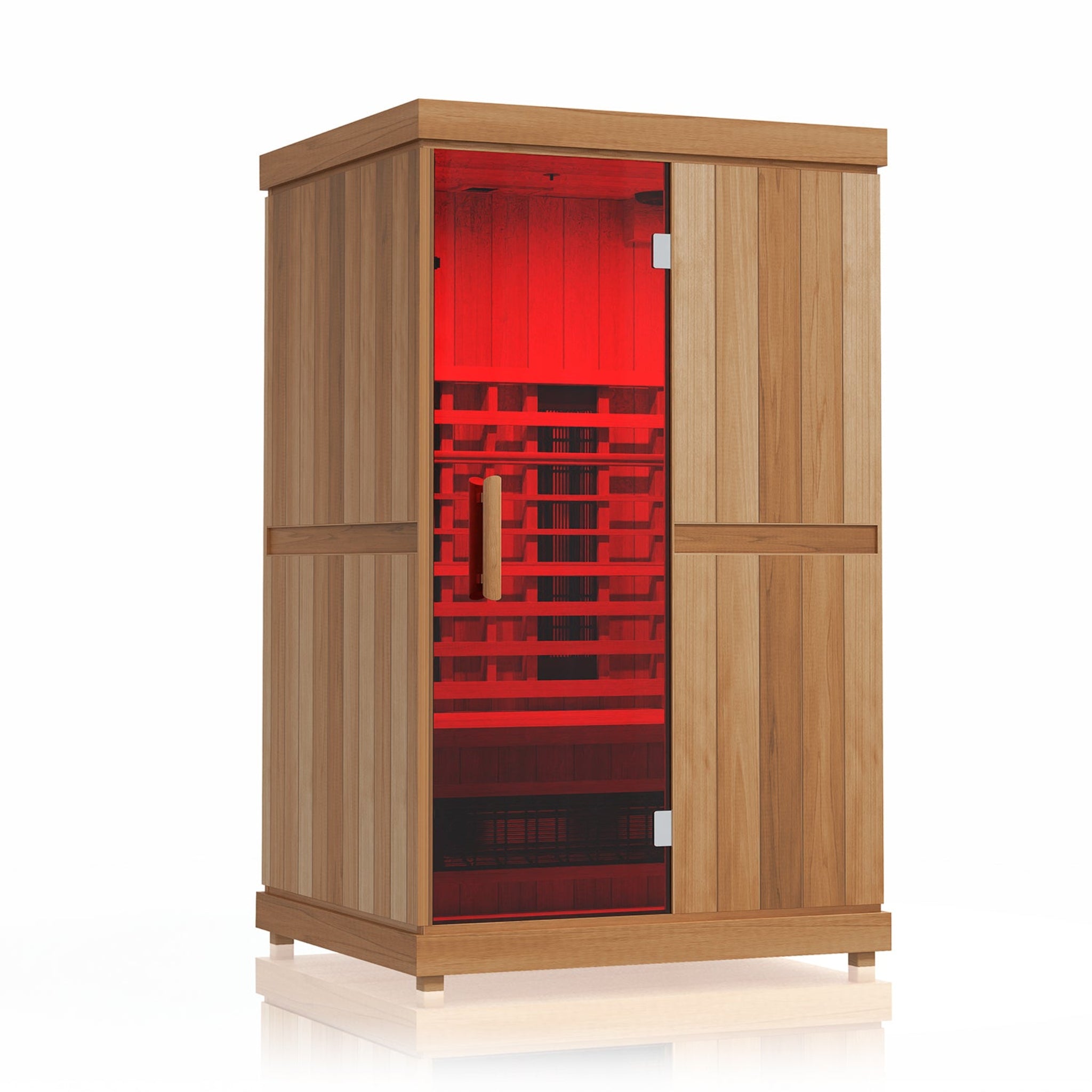 Finnmark FD-2 infrared sauna with red chromotherapy lighting exterior