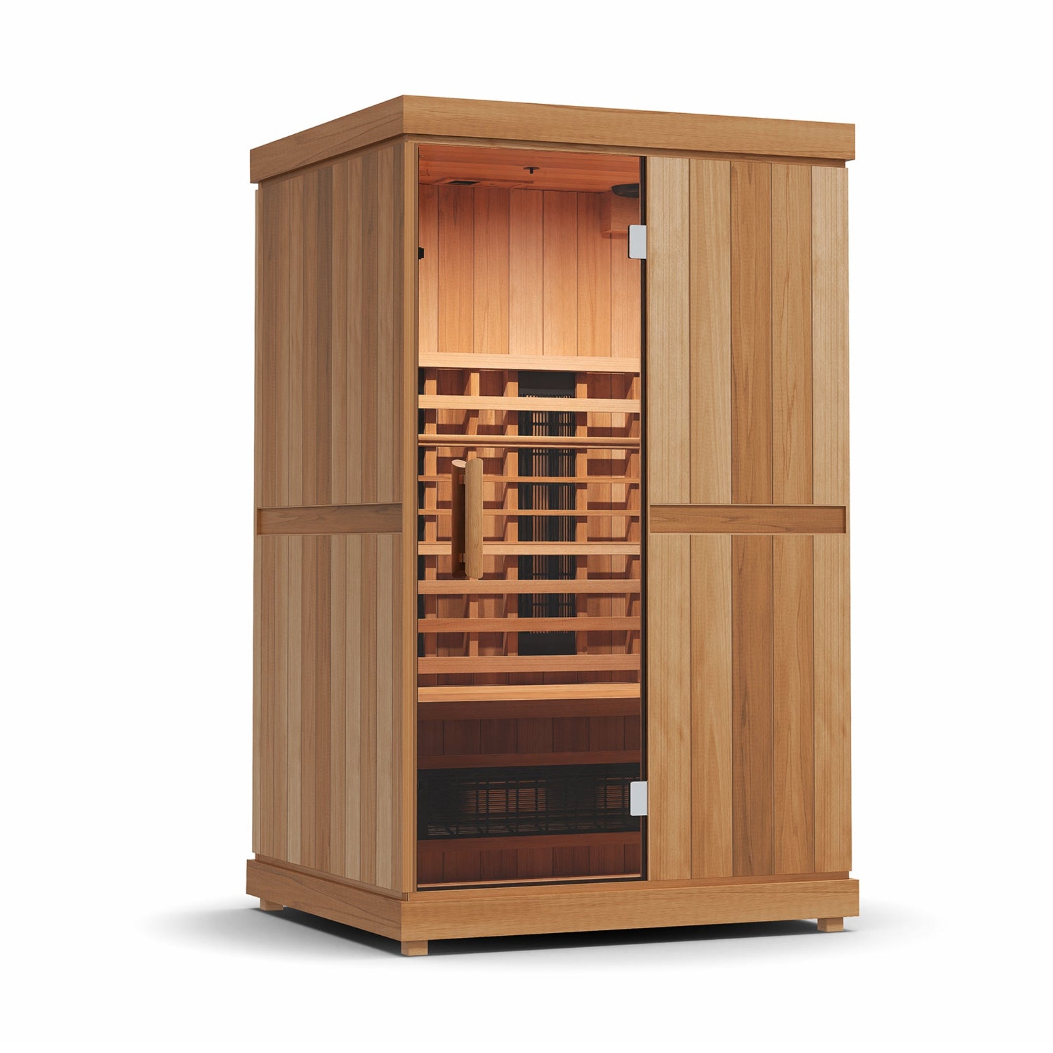 Finnmark FD-2 infrared sauna with white chromotherapy lighting exterior