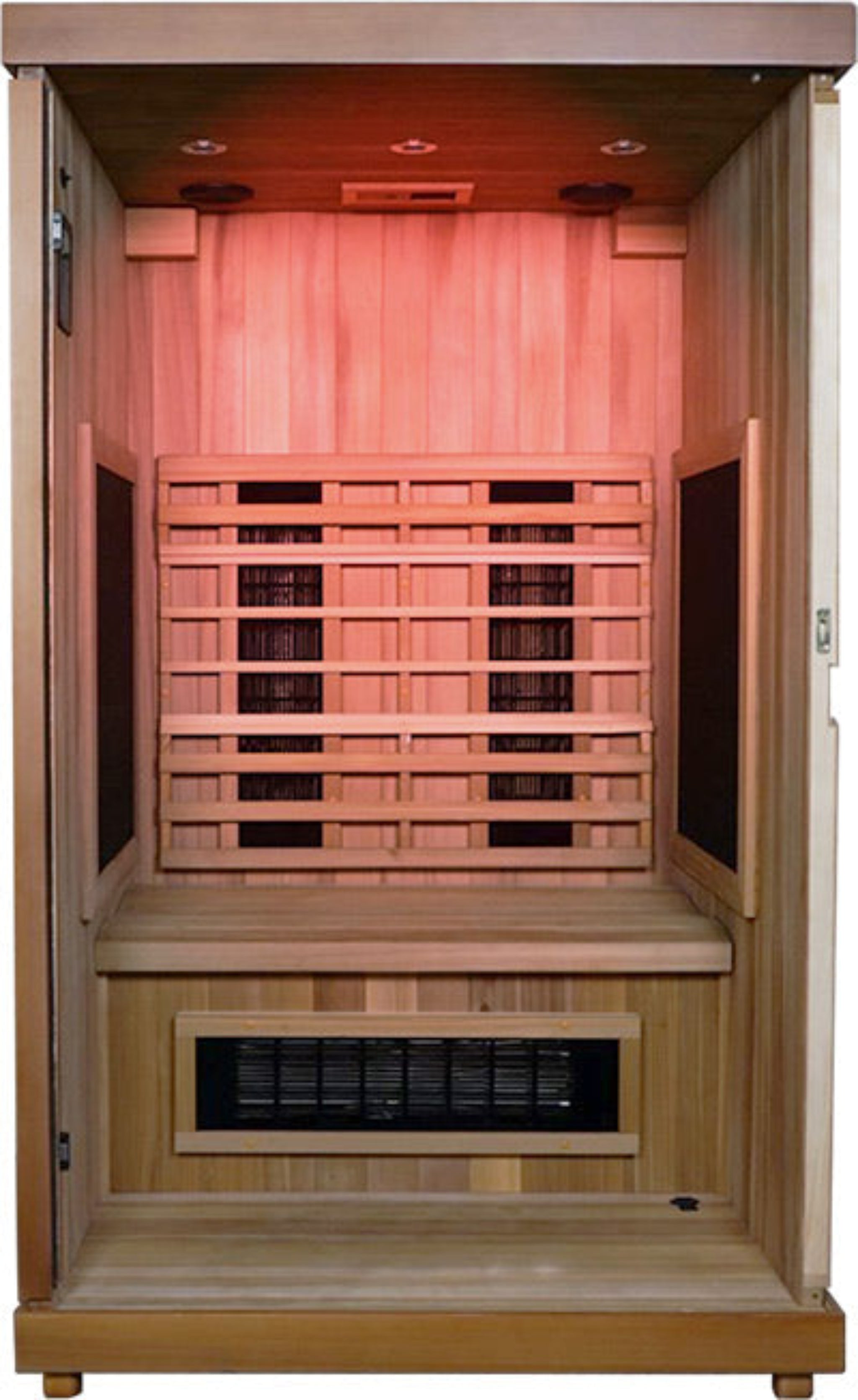 Finnmark FD-2 infrared sauna interior with red chromotherapy lighting