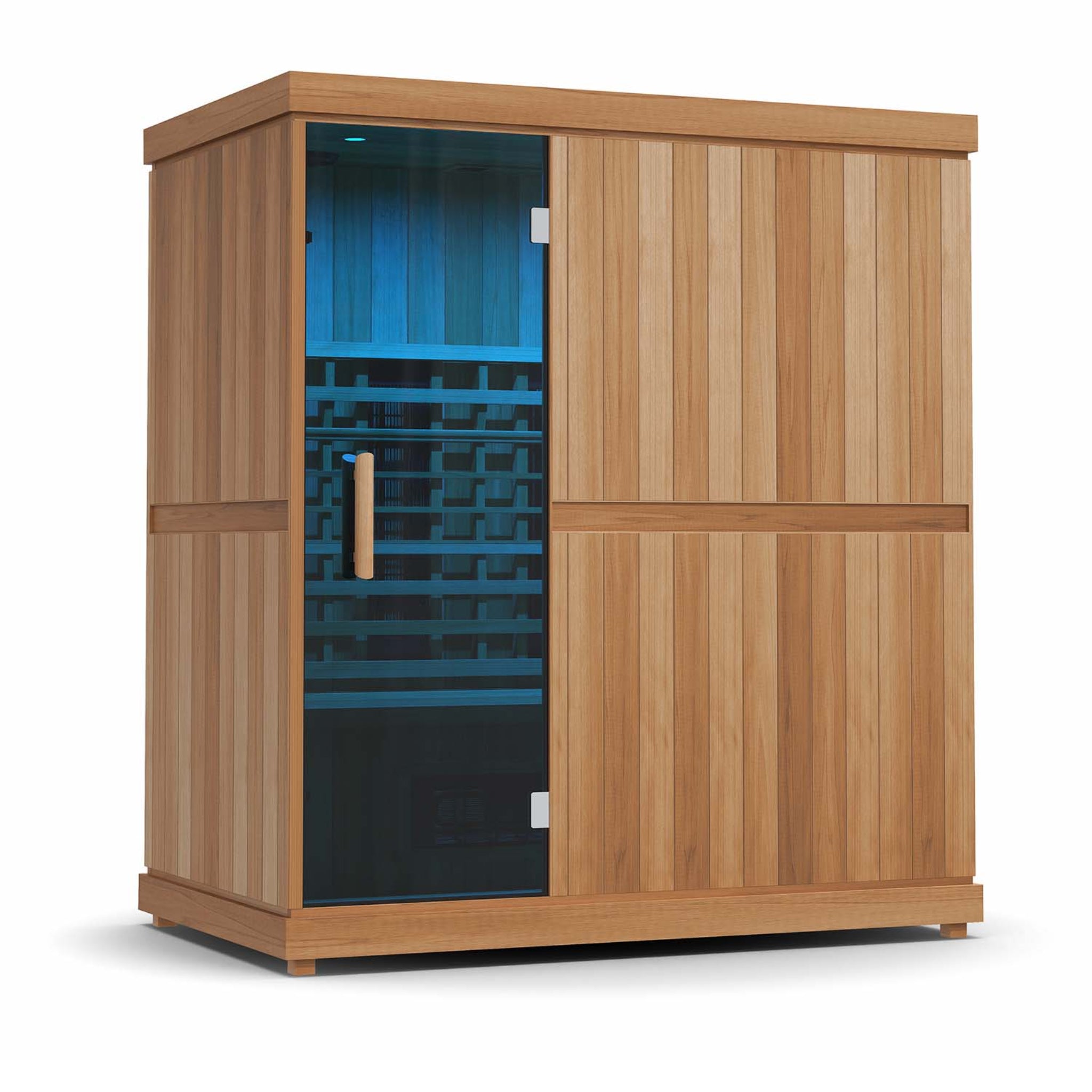 Finnmark FD-3 infrared sauna with blue chromotherapy lighting