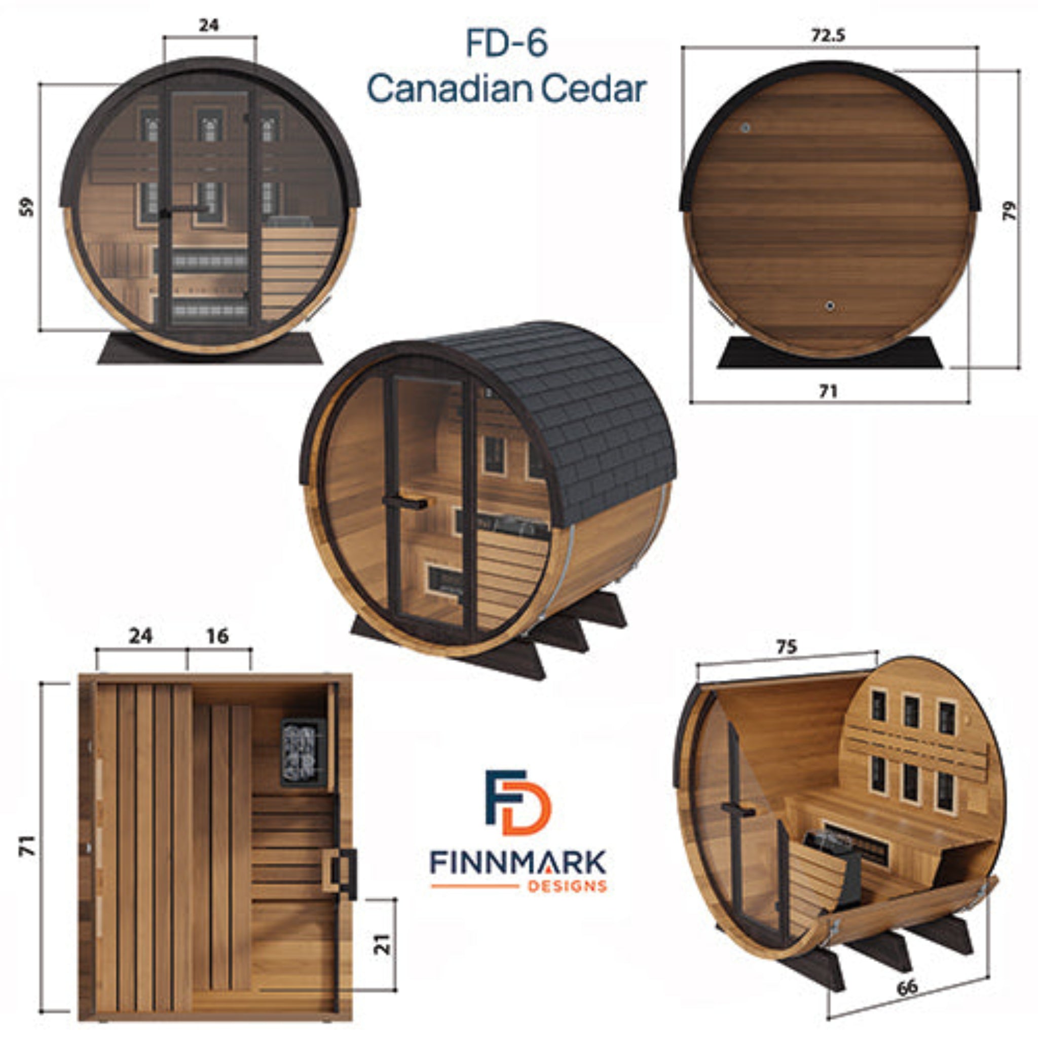Finnmark FD-6 infrared barrel sauna Canadian cedar dimensions diagram