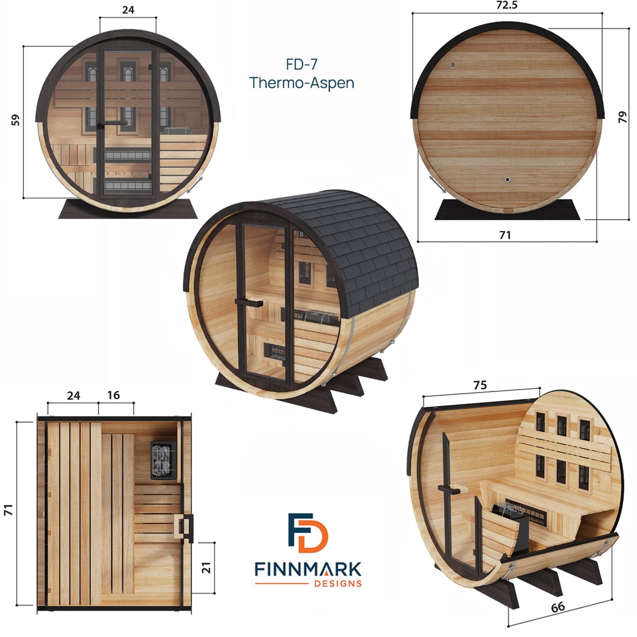 Finnmark FD-7 infrared barrel sauna Thermo-Aspen dimensions diagram