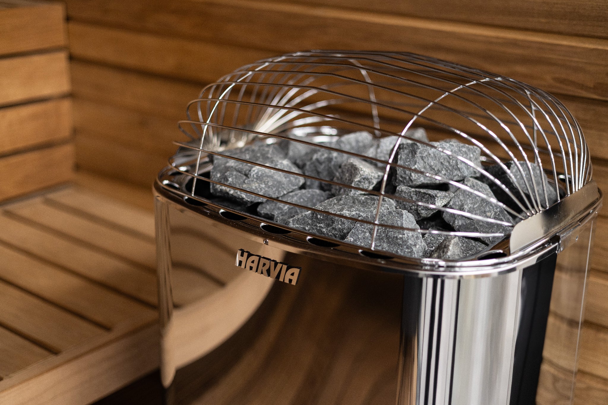 Harvia Club K12.5G sauna heater inside sauna — close-up with Harvia logo detail, 240V 1-phase