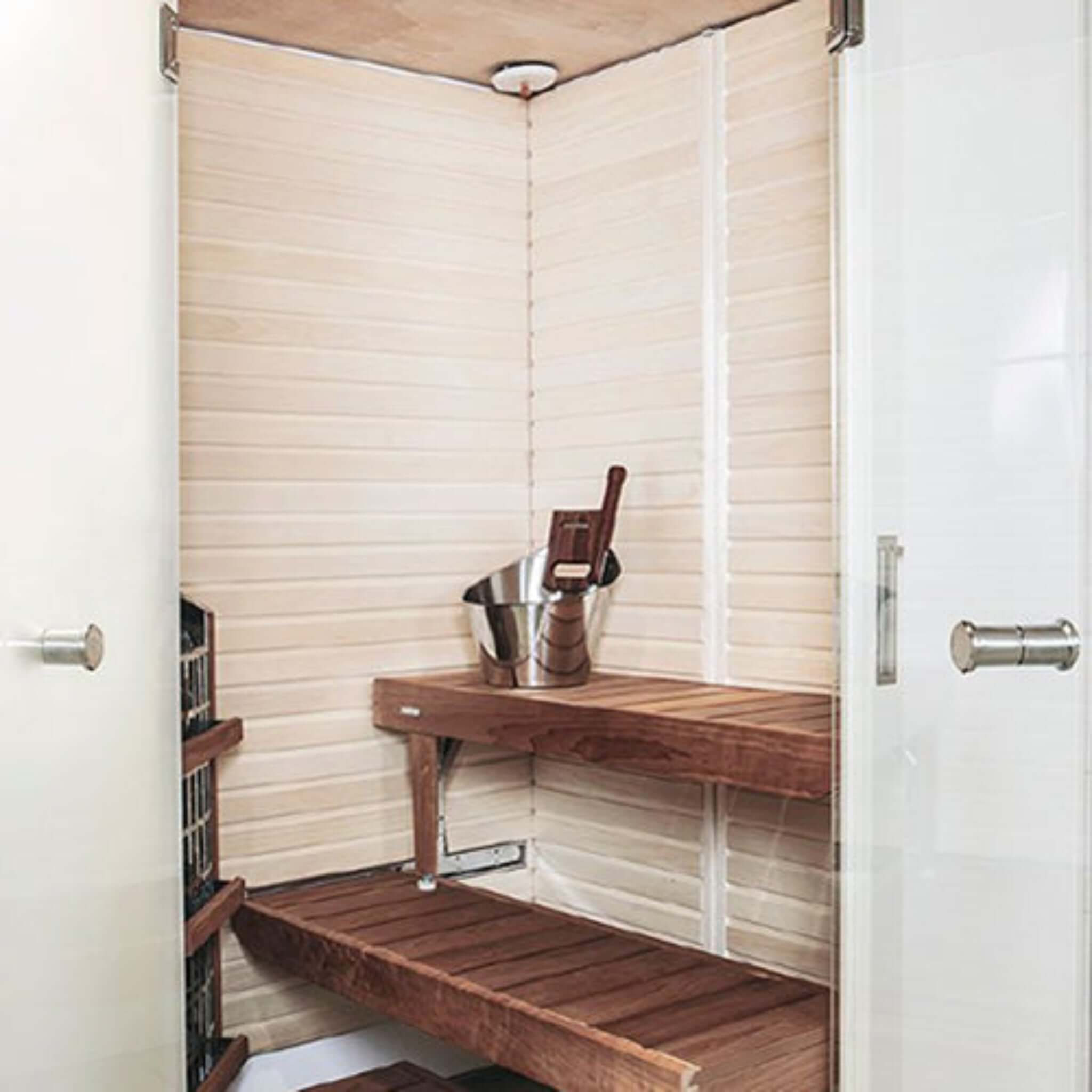 Harvia steel sauna bucket and ladle with wood handles — lifestyle view