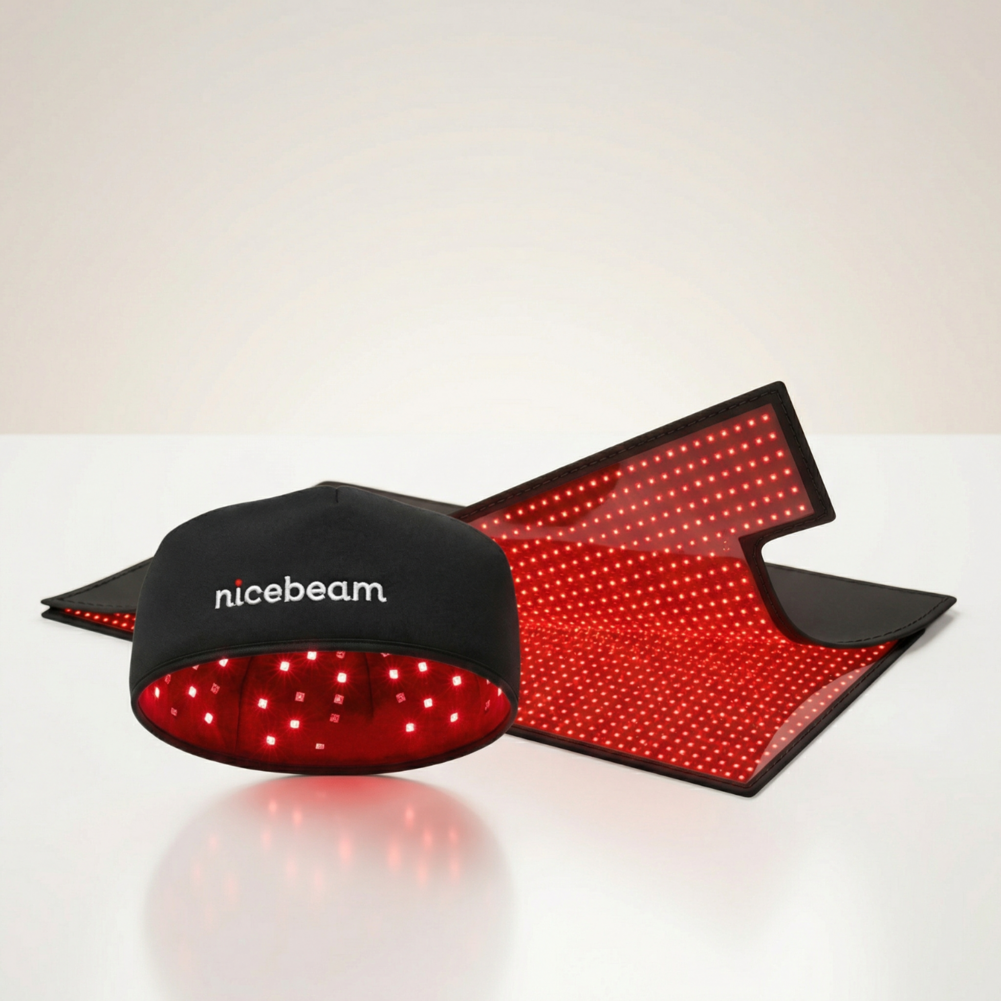 Nicebeam Red Light Therapy Bundle | Full Body Mat + Hat, Mask, Lamp or Bag showcasing red light therapy solutions.