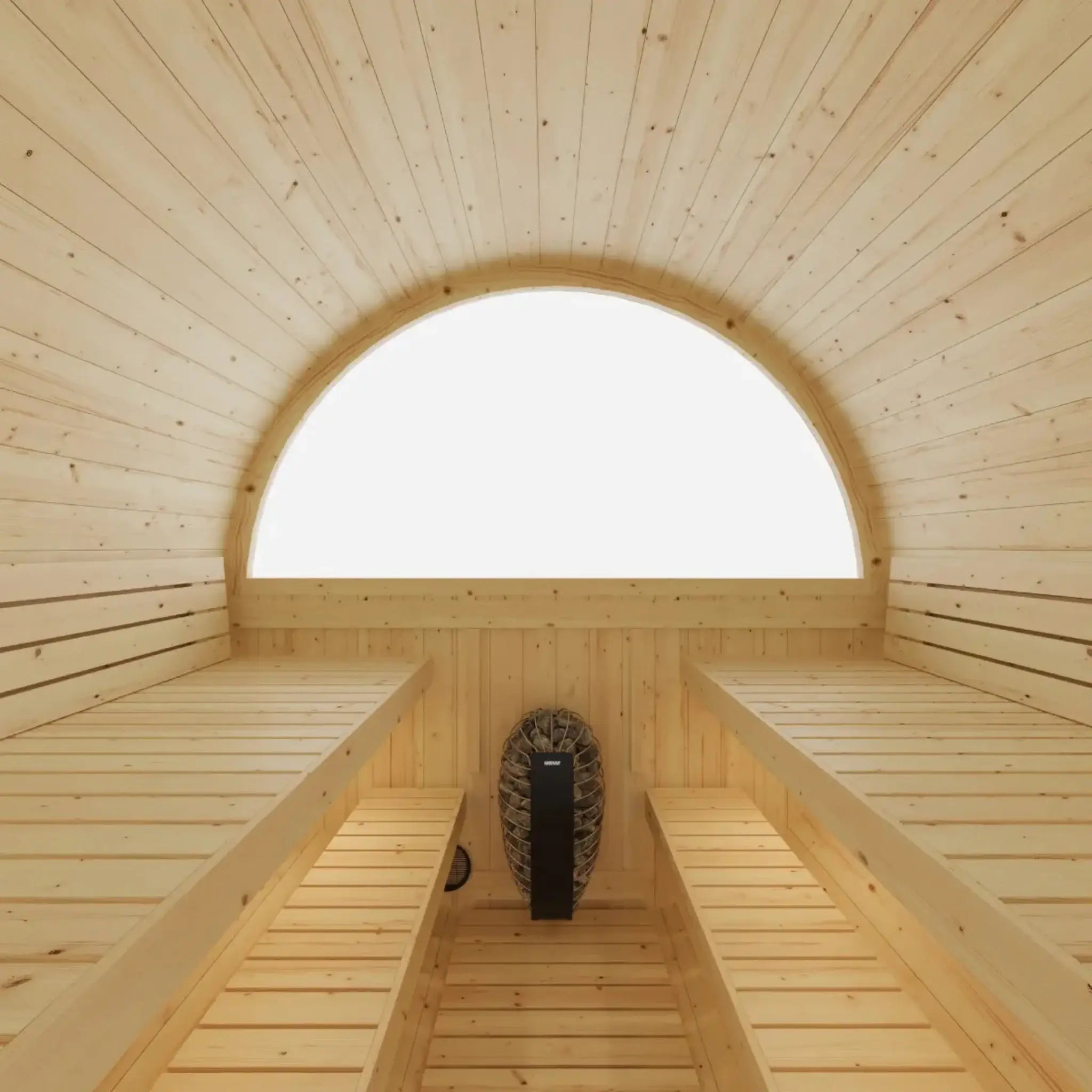 Helsinki Finnish Barrel Sauna inside view window and benches with heater