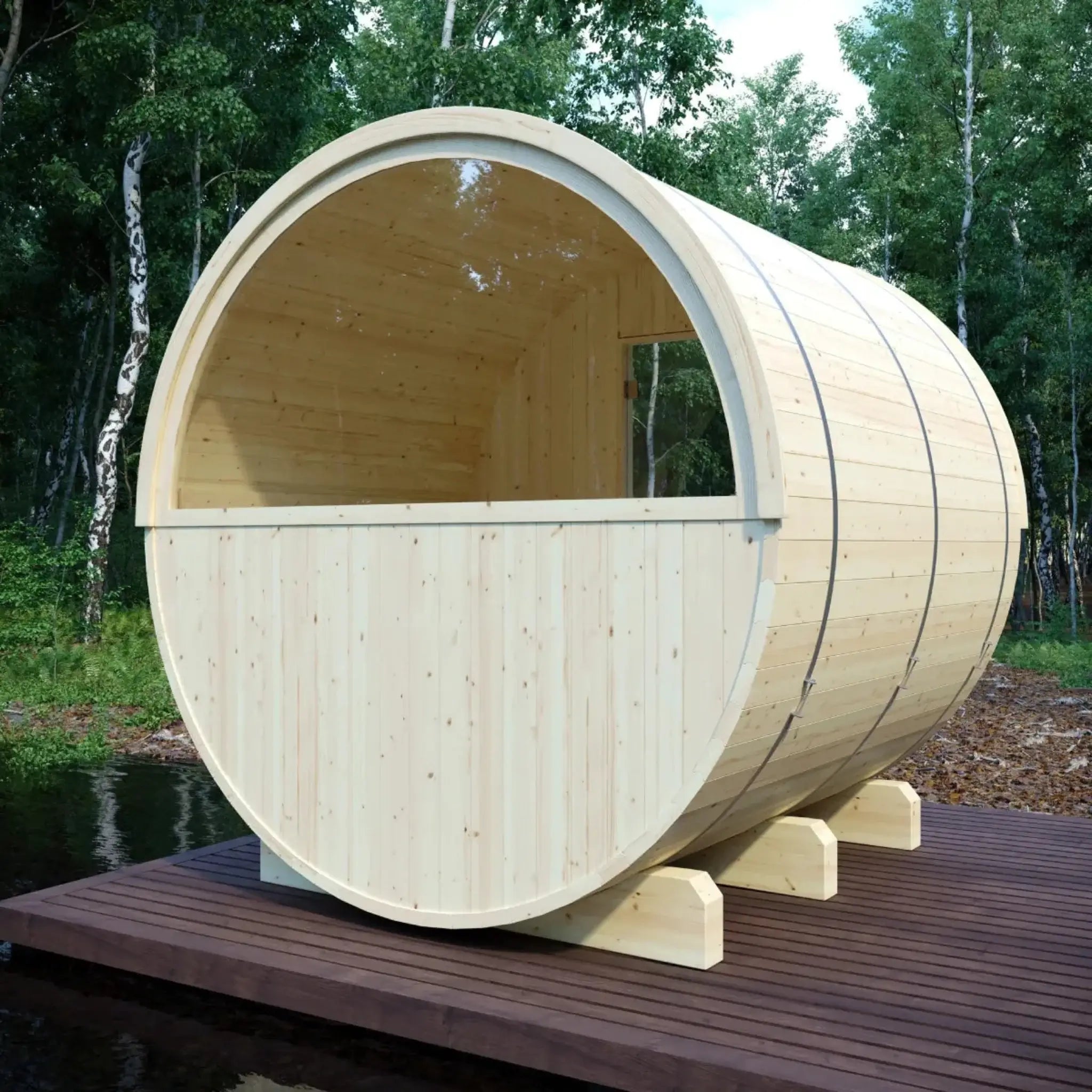 Helsinki Finnish Barrel Sauna back side view at a lake