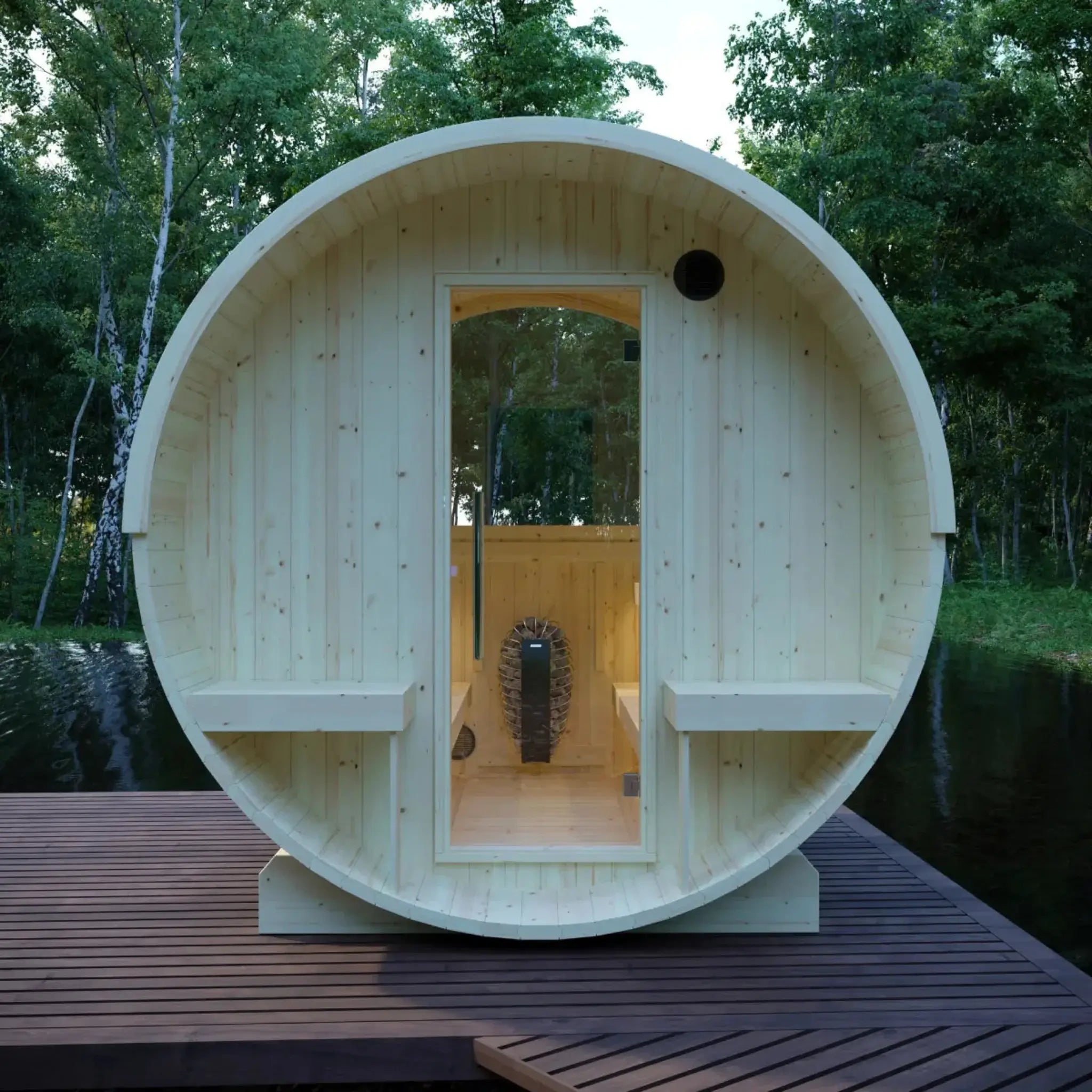 Helsinki Finnish Barrel Sauna lifestyle view front door on lake setting