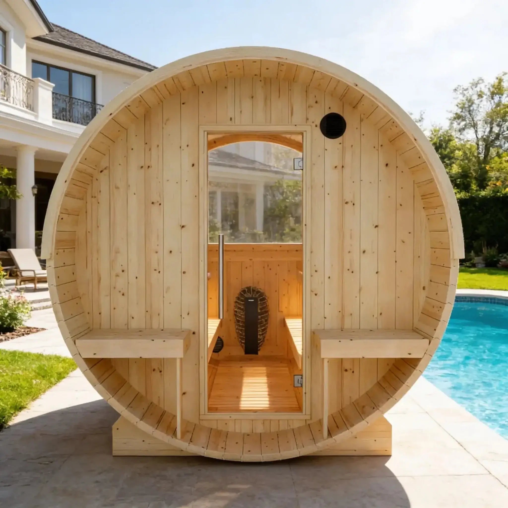 Helsinki Finnish Barrel Sauna front in backyard setting view