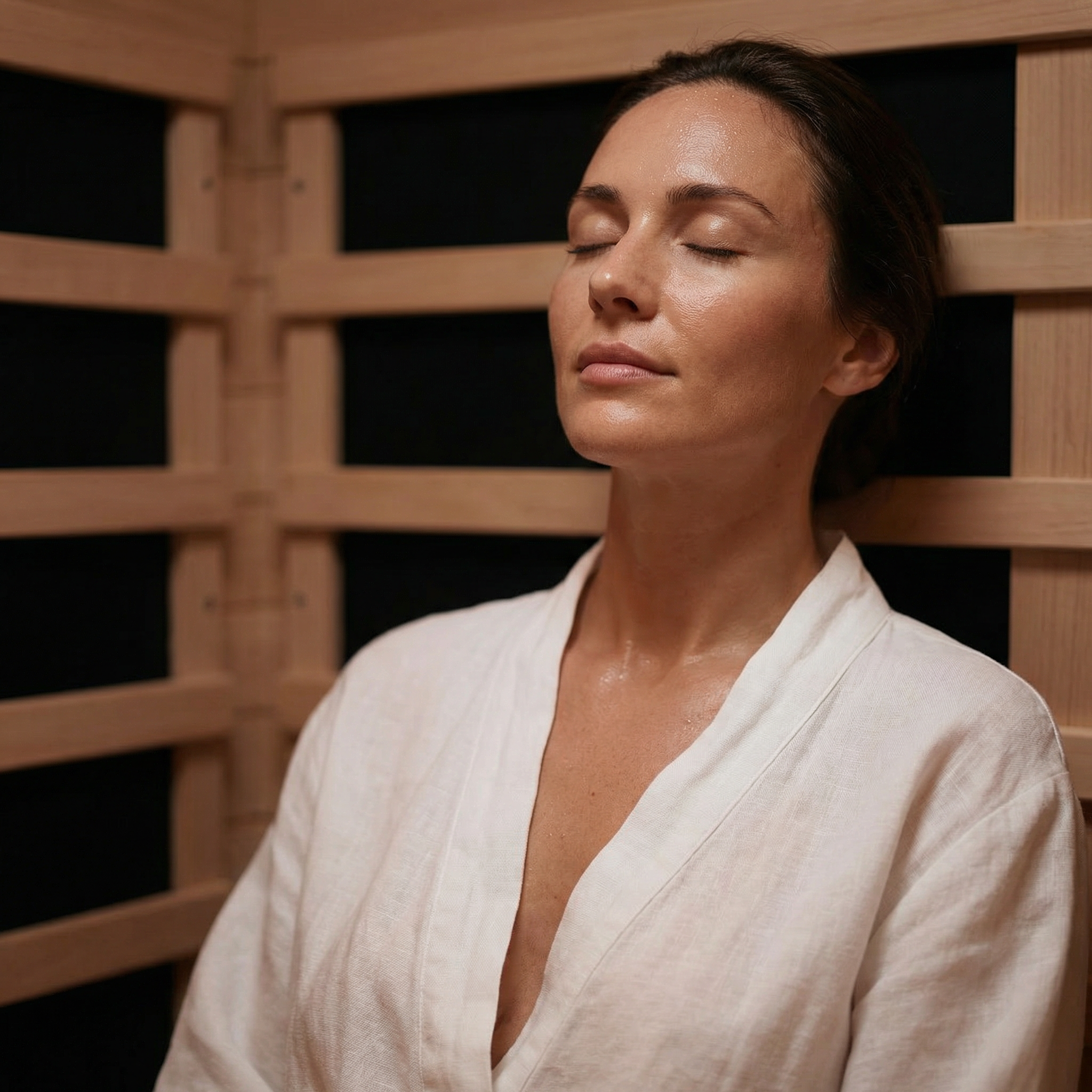 Woman in a white robe sitting in a Nicebeam Canadian Hemlock sauna