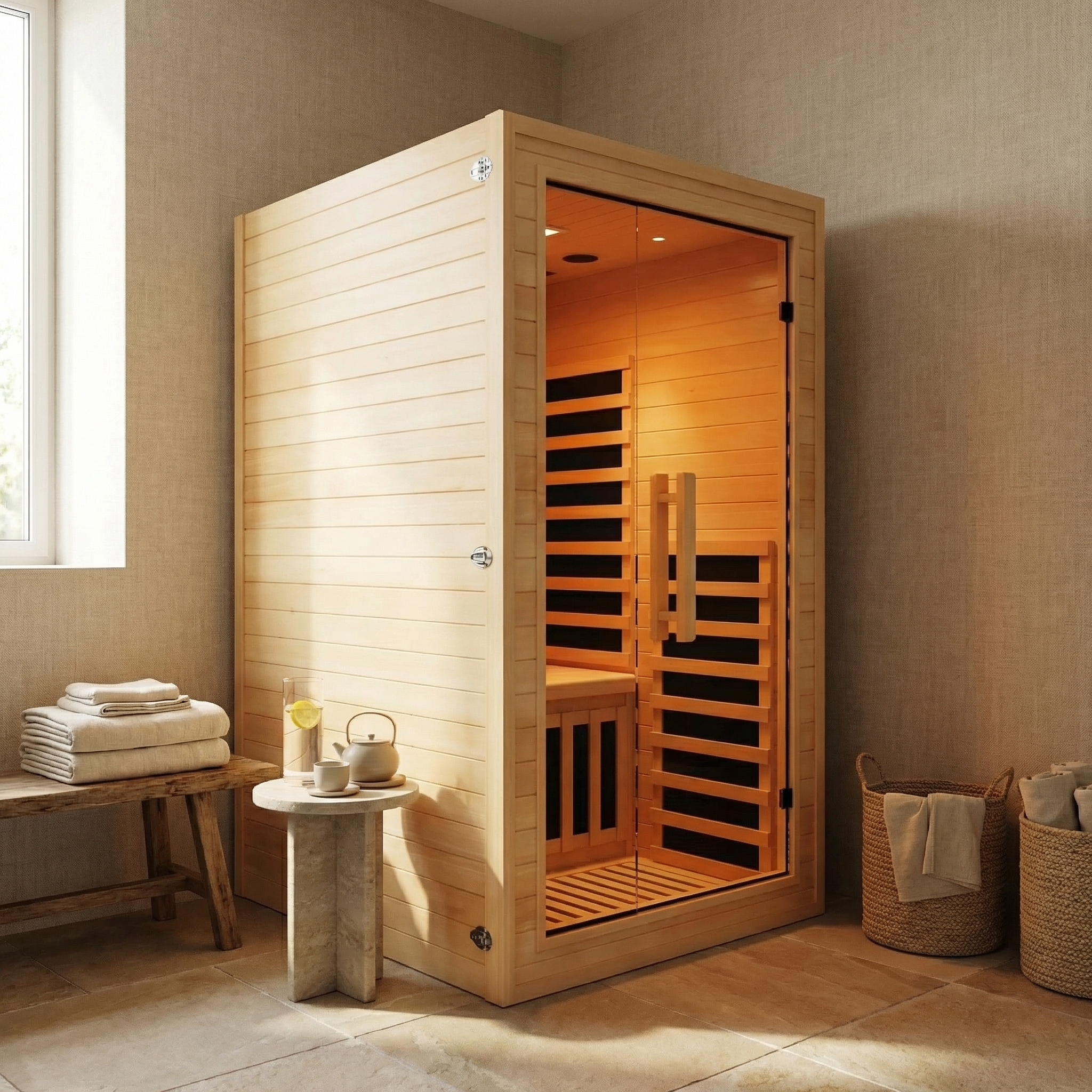 Nicebeam Canadian Hemlock infrared sauna in a room with towels and a small table.