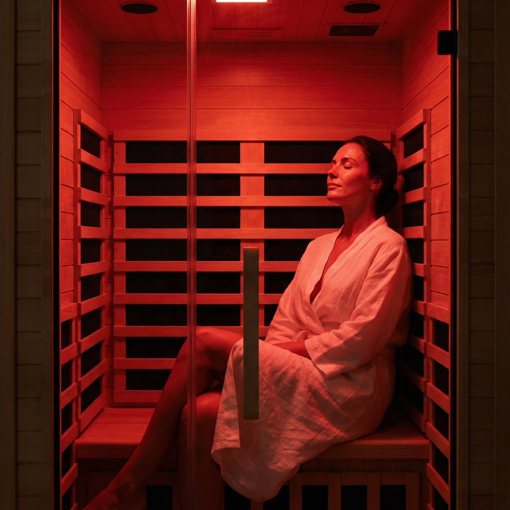 Person in a white robe sitting in a Nicebeam Canadian Hemlock red-lit infrared sauna.