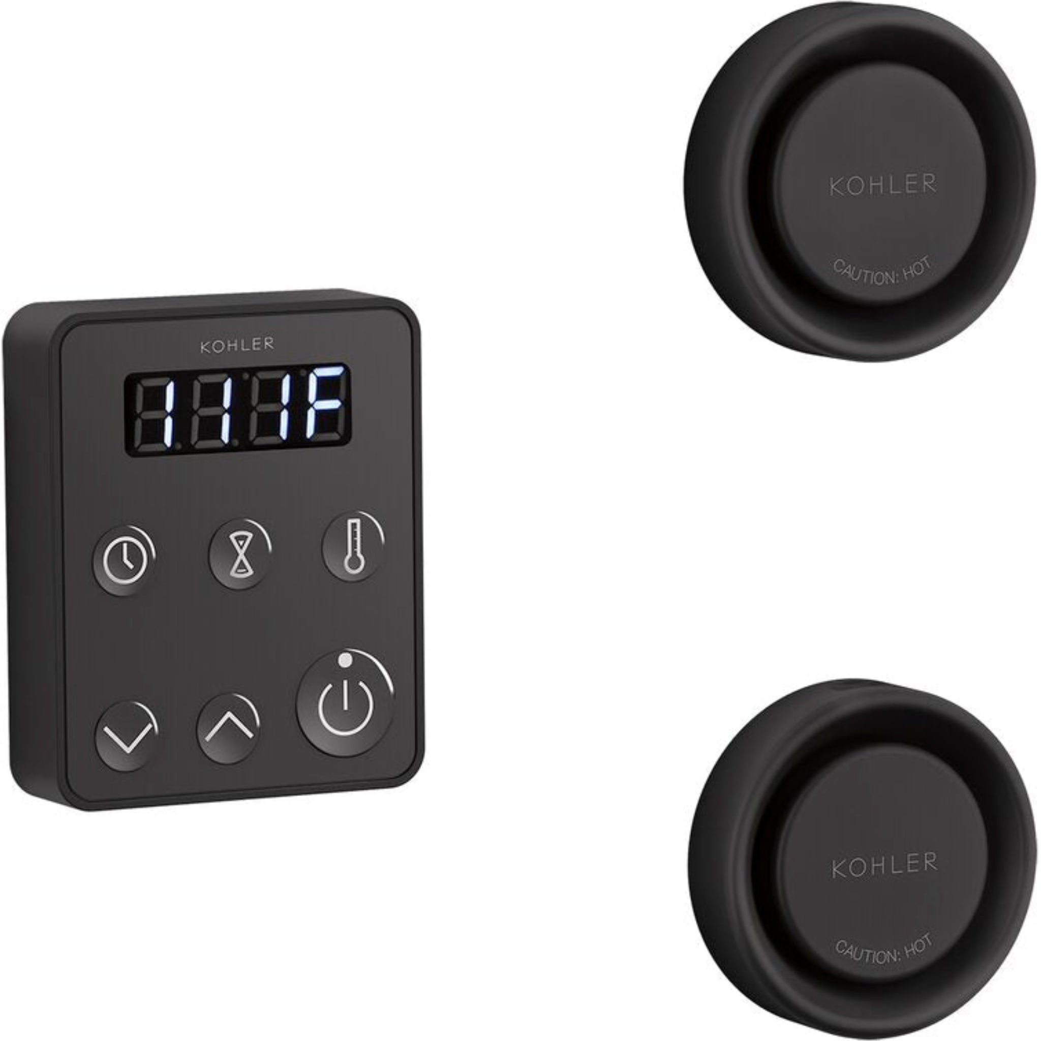 Kohler steam generator control kit with digital display and two caution buttons for enhanced steam shower management.