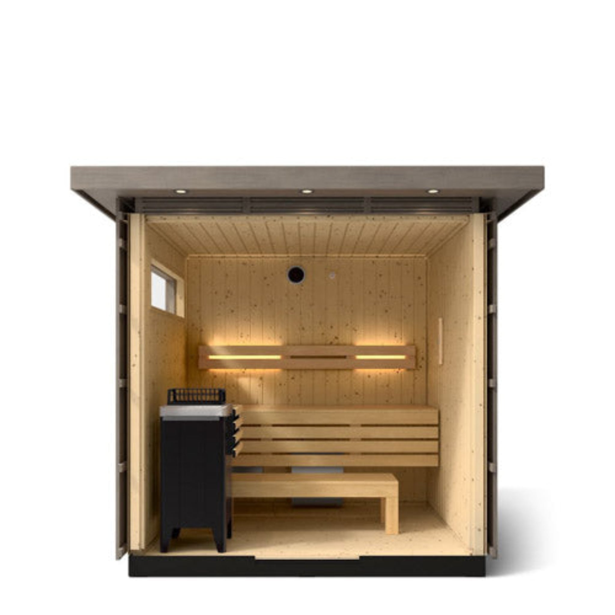 Kohler C2 Outdoor Sauna – Scandinavian spruce interior with bench seating