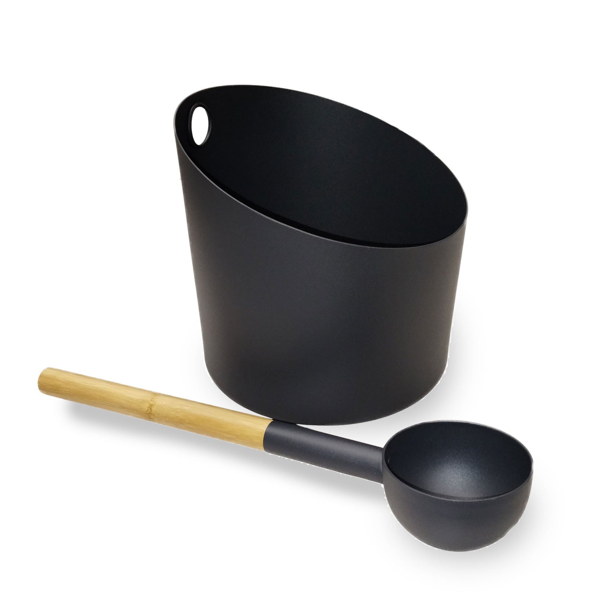 KOLO sauna bucket and ladle set in black — aluminum bucket with bamboo ladle