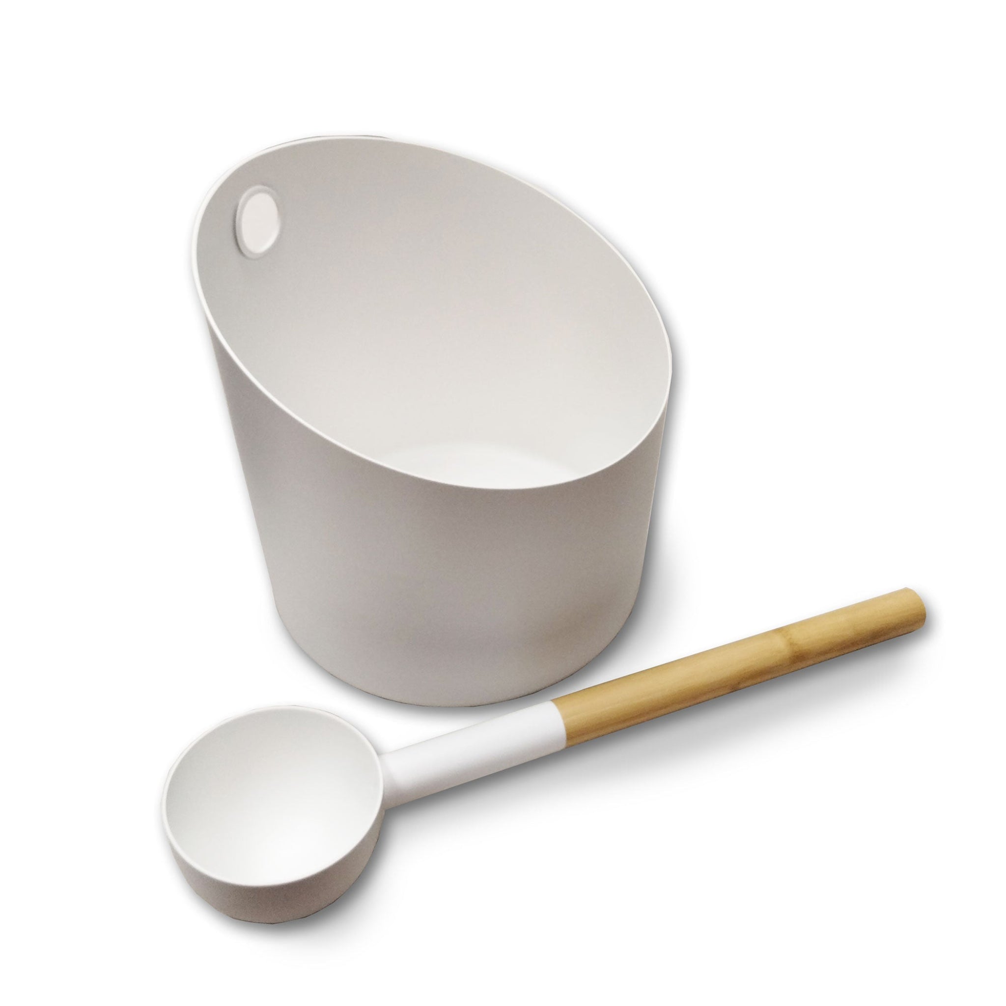KOLO sauna bucket and ladle set in white — aluminum bucket with bamboo ladle