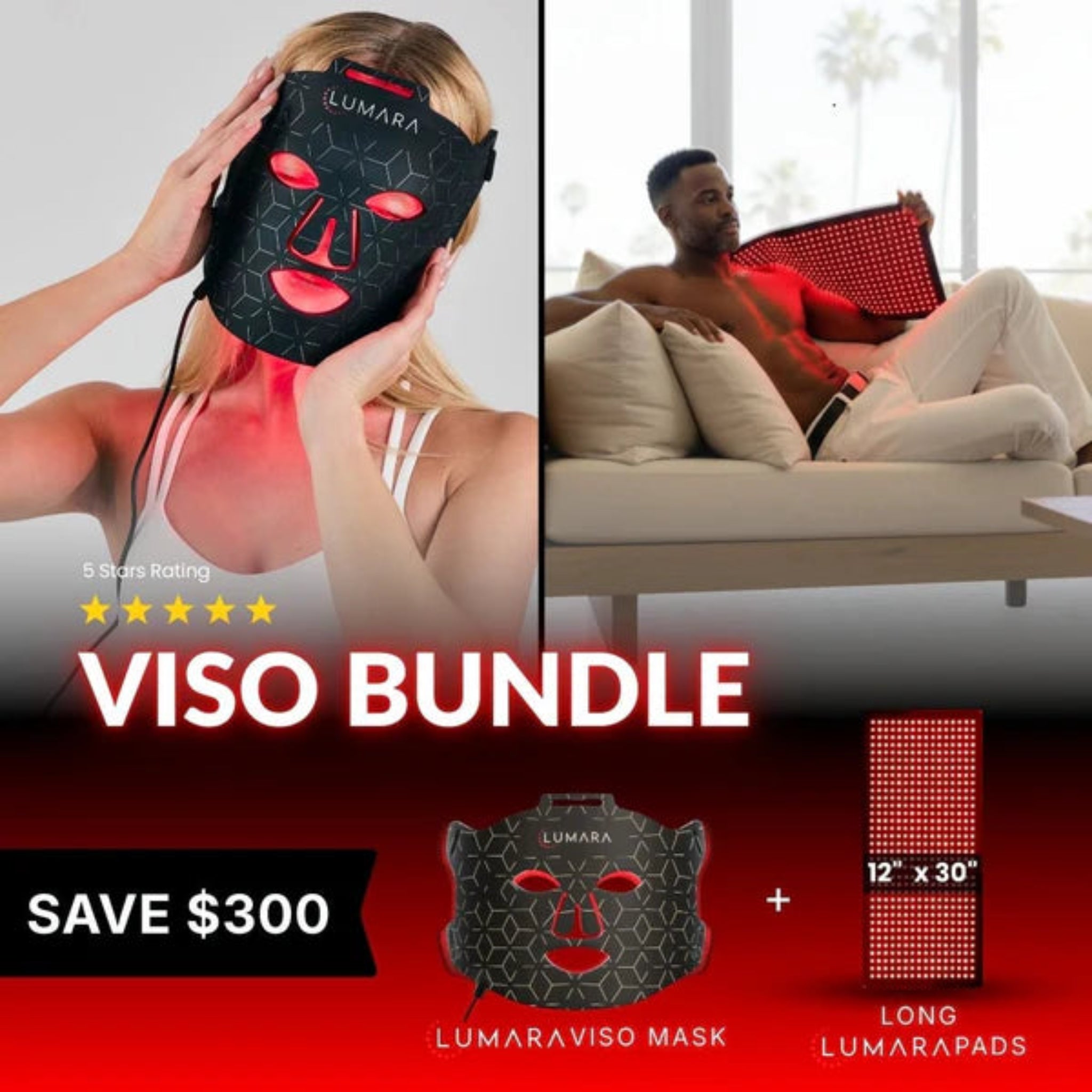 Promotional image of a VISO Bundle with a mask and pads, featuring two people using the product.