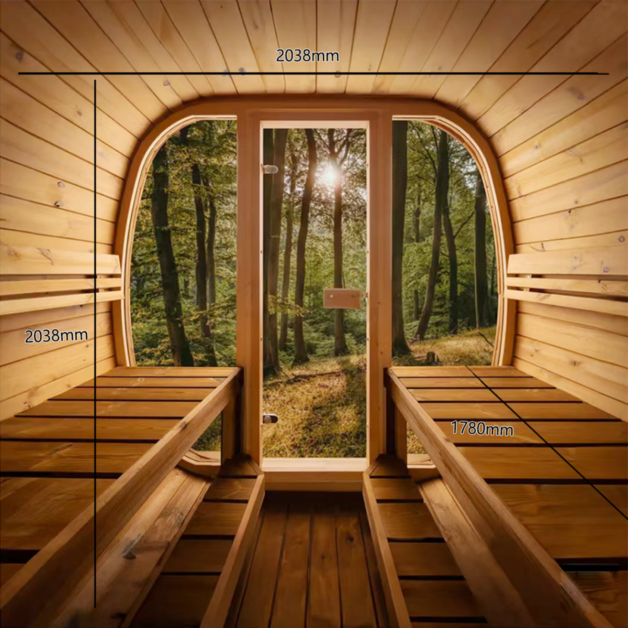 Auris Two Luxury Outdoor Cedar Sauna – Interior Bench and Cedar Wall View