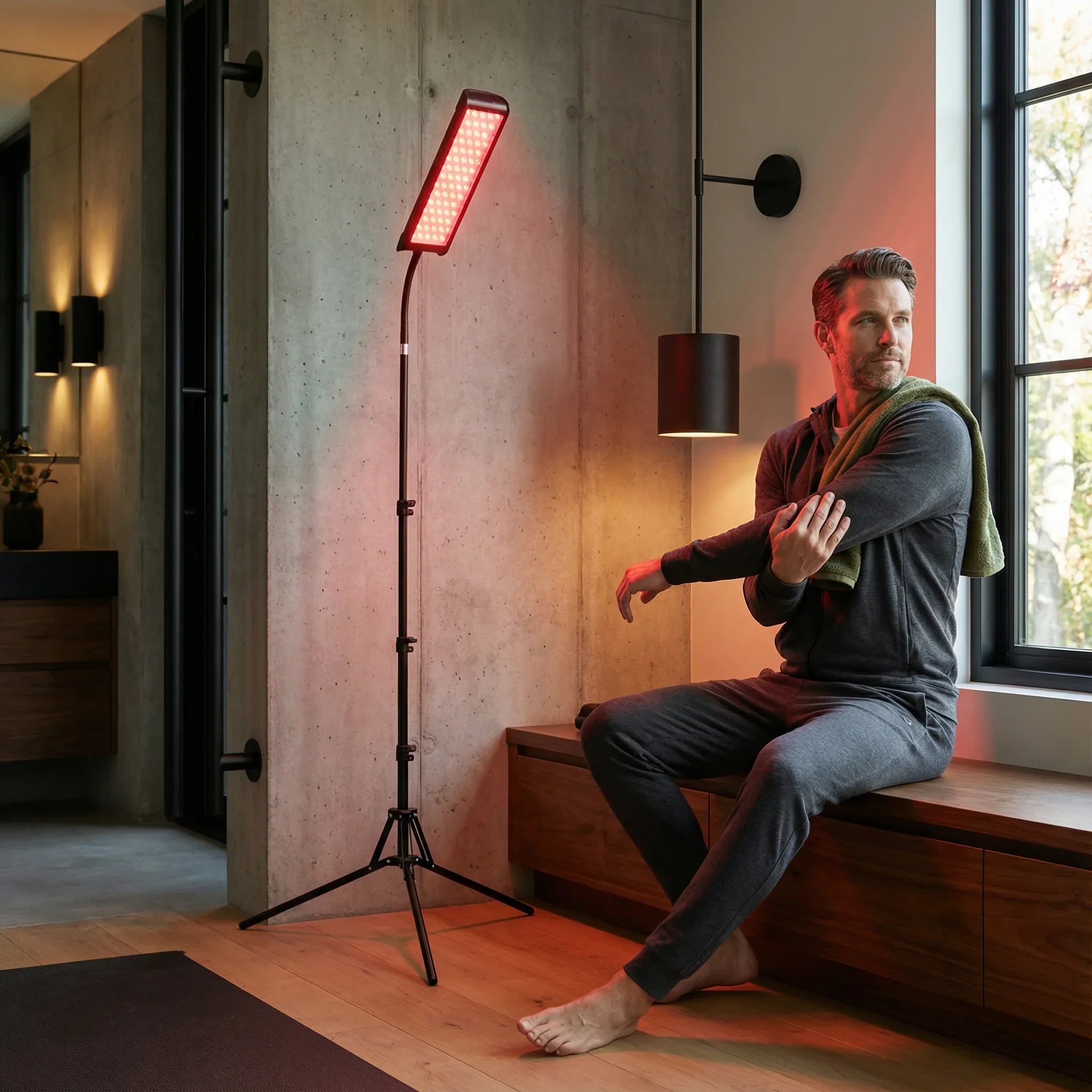 Man sitting on a windowsill with Nicebeam red light therapy lamp in a modern room.