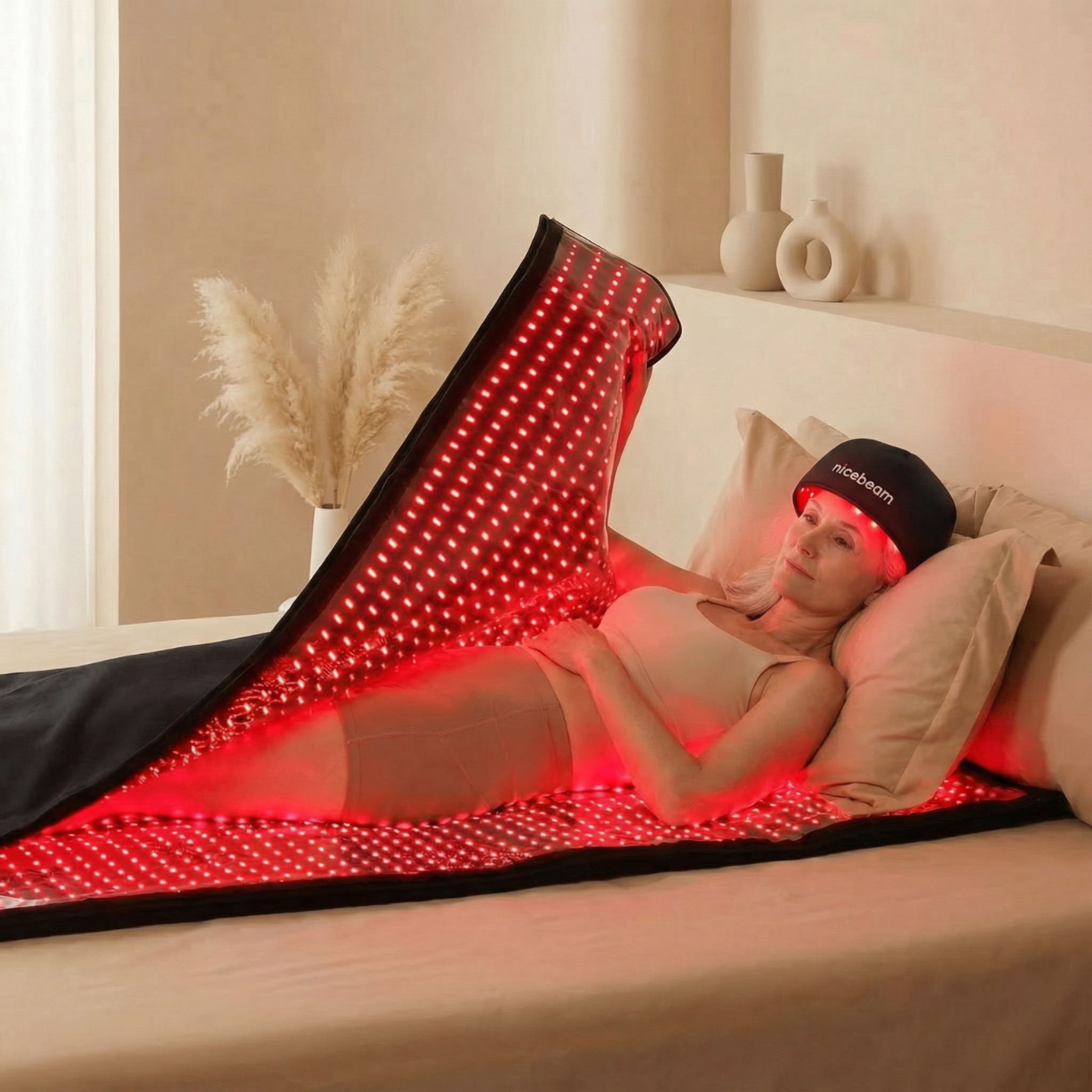 Nicebeam Red Light Therapy Bundle | Full Body Mat + Hat, Mask, Lamp or Bag used for wellness routine.
