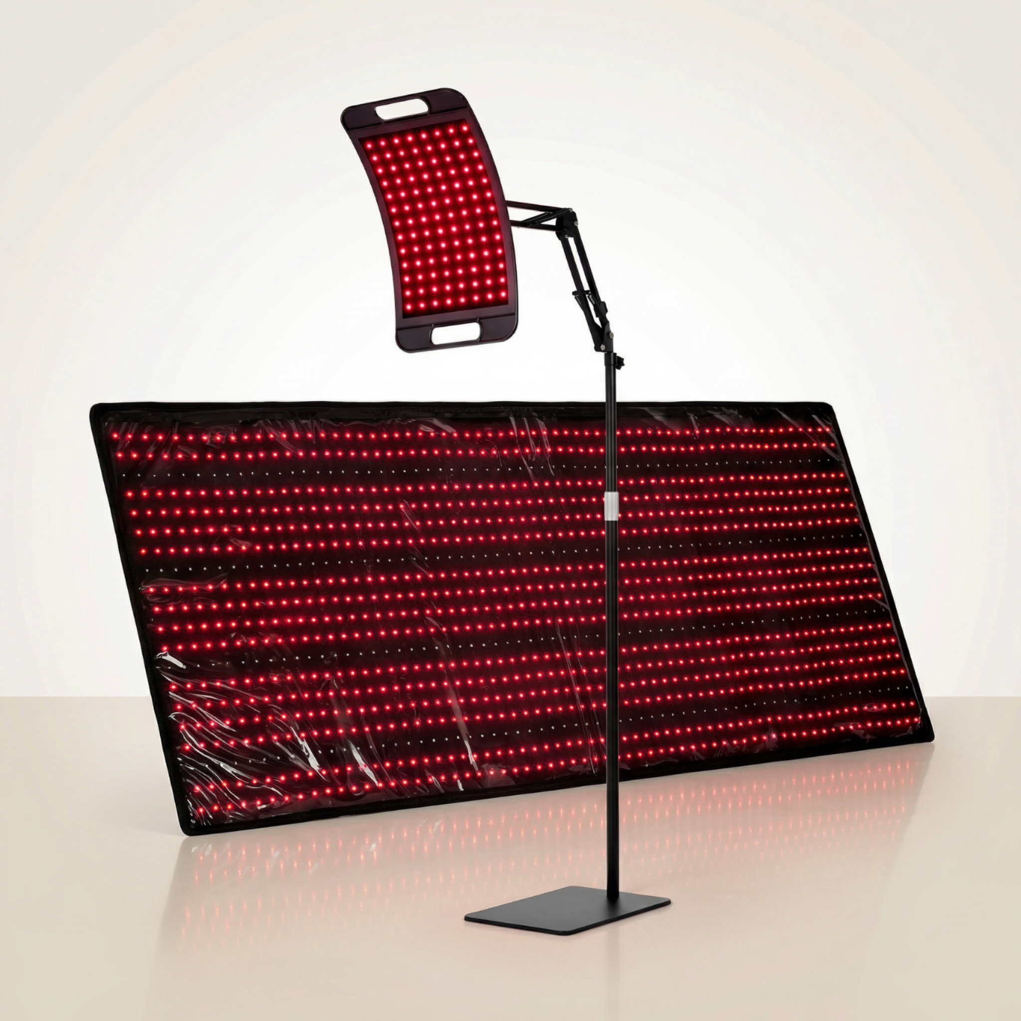 Nicebeam Red Light Therapy Bundle | Full Body Mat + Hat, Mask, Lamp or Bag featuring a red light therapy mat and lamp setup.