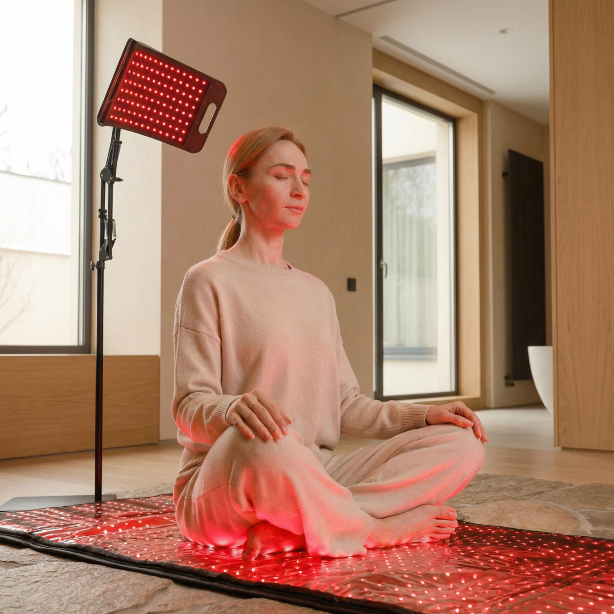 Nicebeam Red Light Therapy Bundle | Full Body Mat + Hat, Mask, Lamp or Bag in use with a woman meditating.