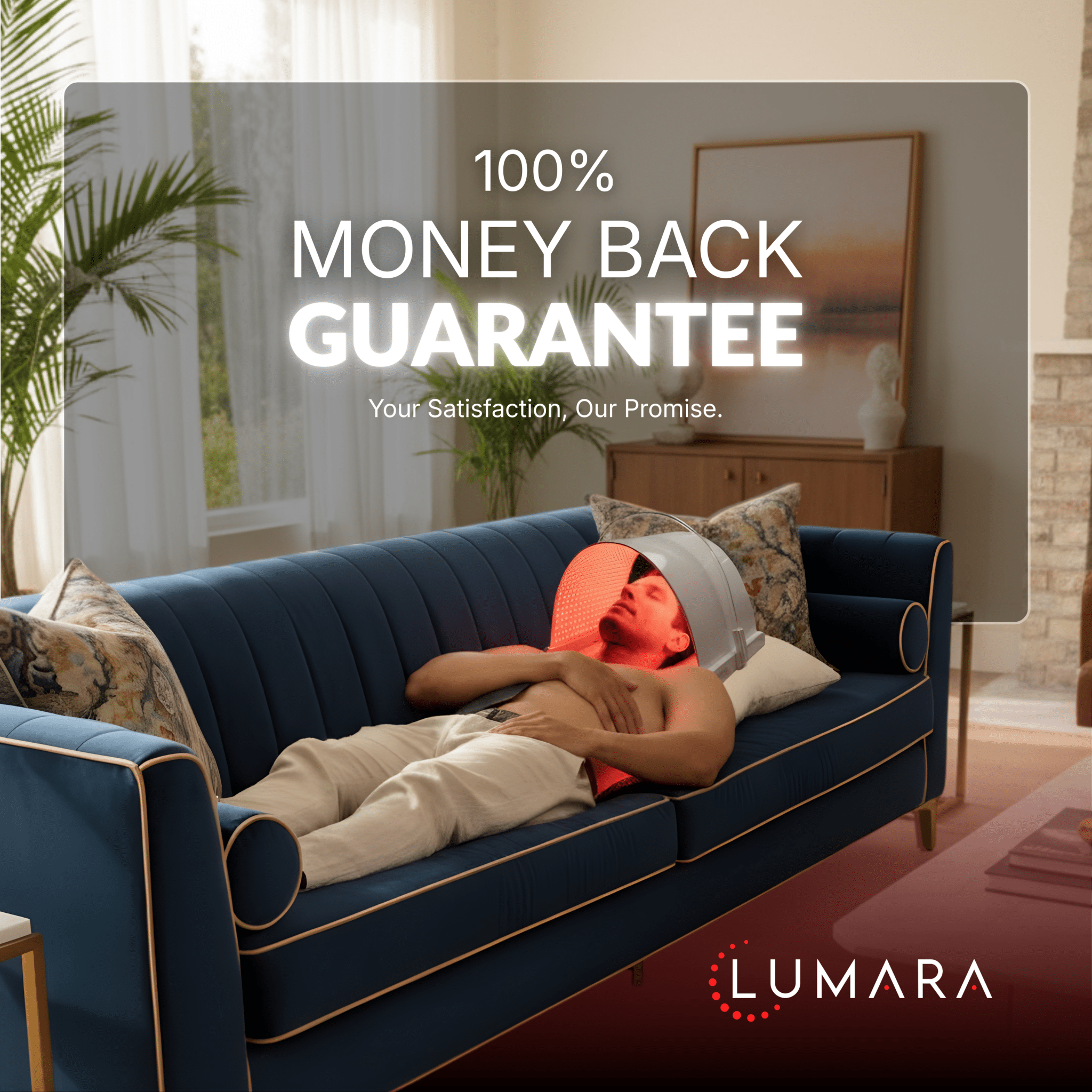 Person lying on a blue couch with a red light headband, in a living room setting with 'LUMARA' branding.